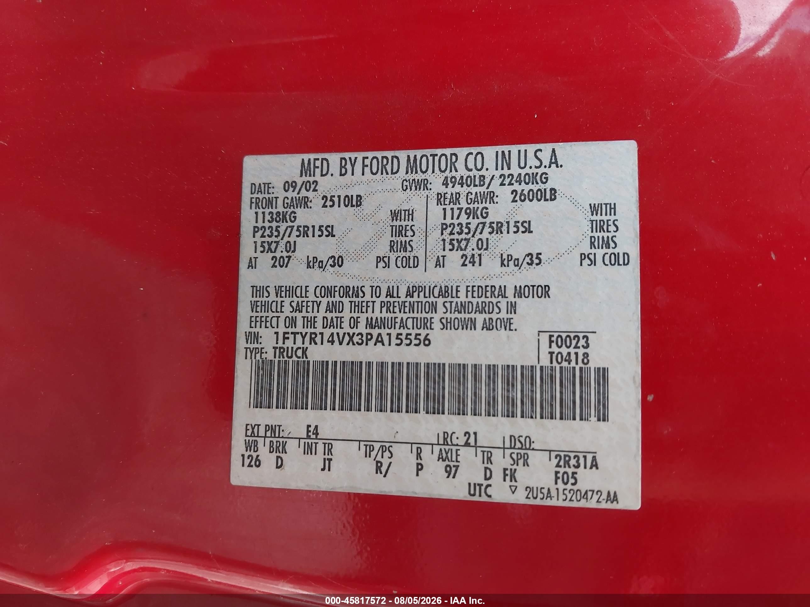 2003 Ford Ranger Edge/tremor/xl/xlt Red vin: 1FTYR14VX3PA15556