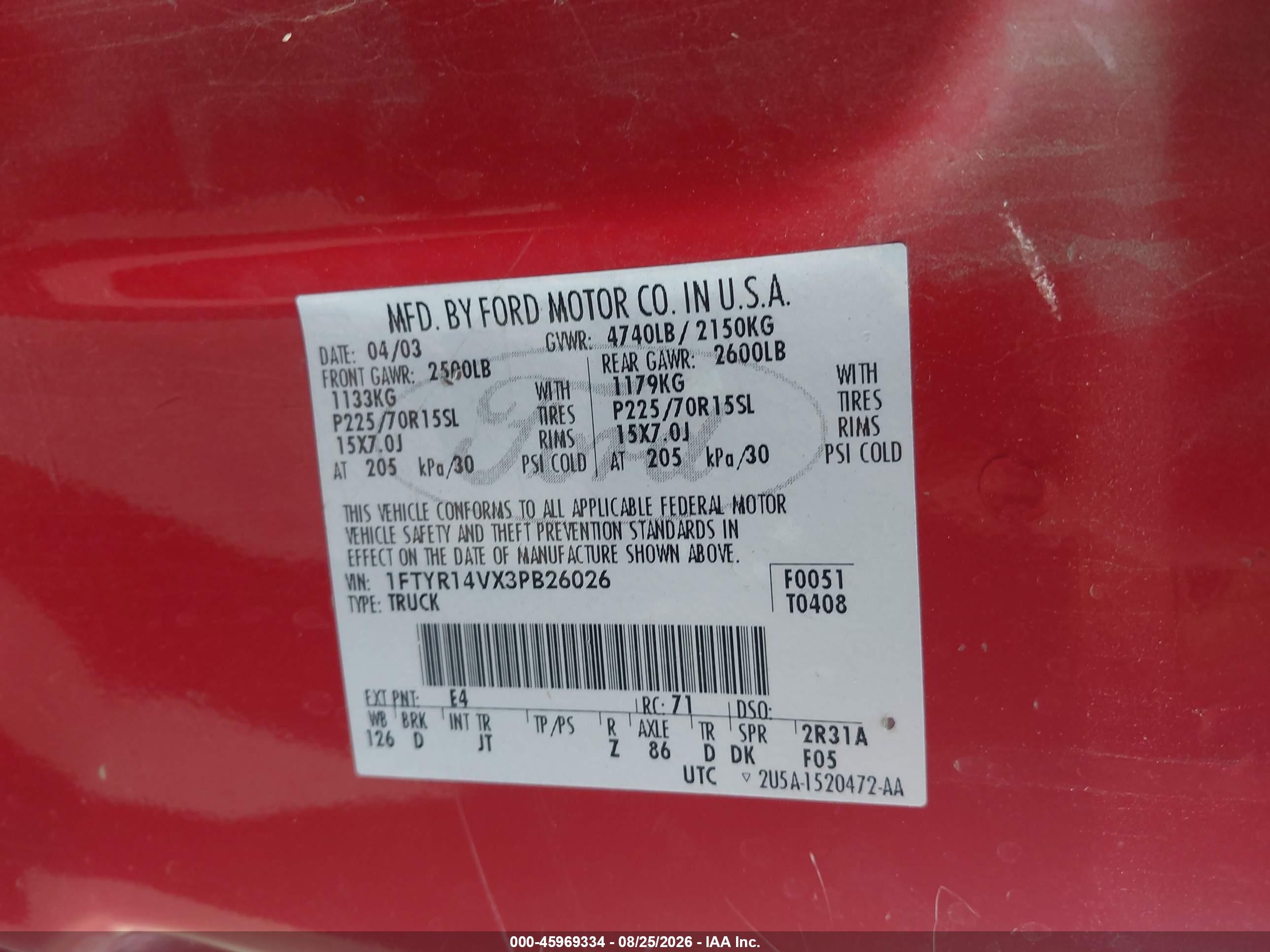 2003 Ford Ranger Edge/tremor/xl/xlt Красный vin: 1FTYR14VX3PB26026
