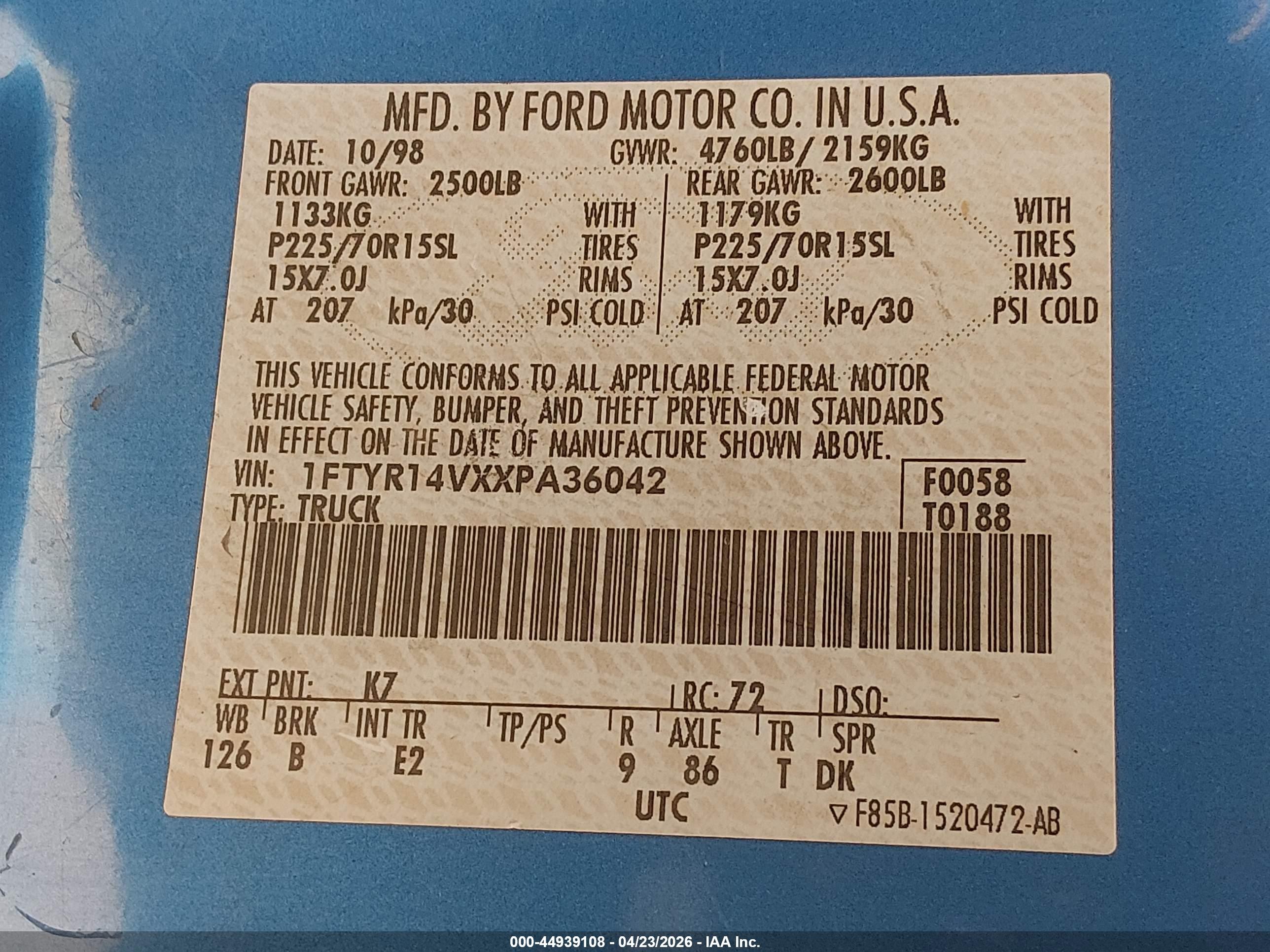 1999 Ford Ranger Xl/xlt Blue vin: 1FTYR14VXXPA36042