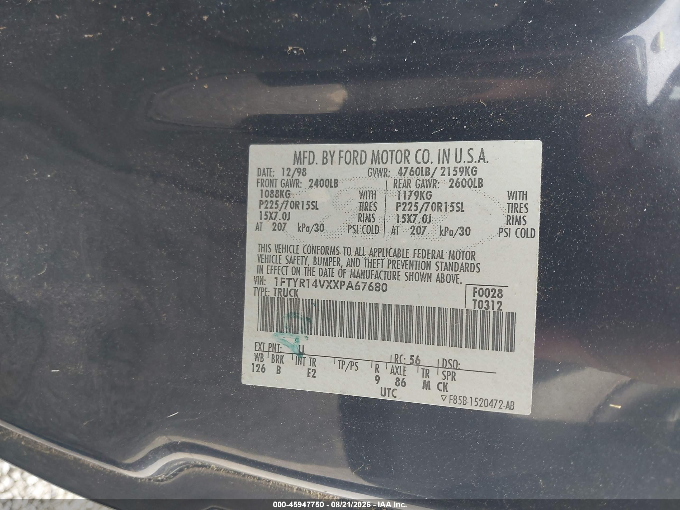 1999 Ford Ranger Xl/xlt Blue vin: 1FTYR14VXXPA67680
