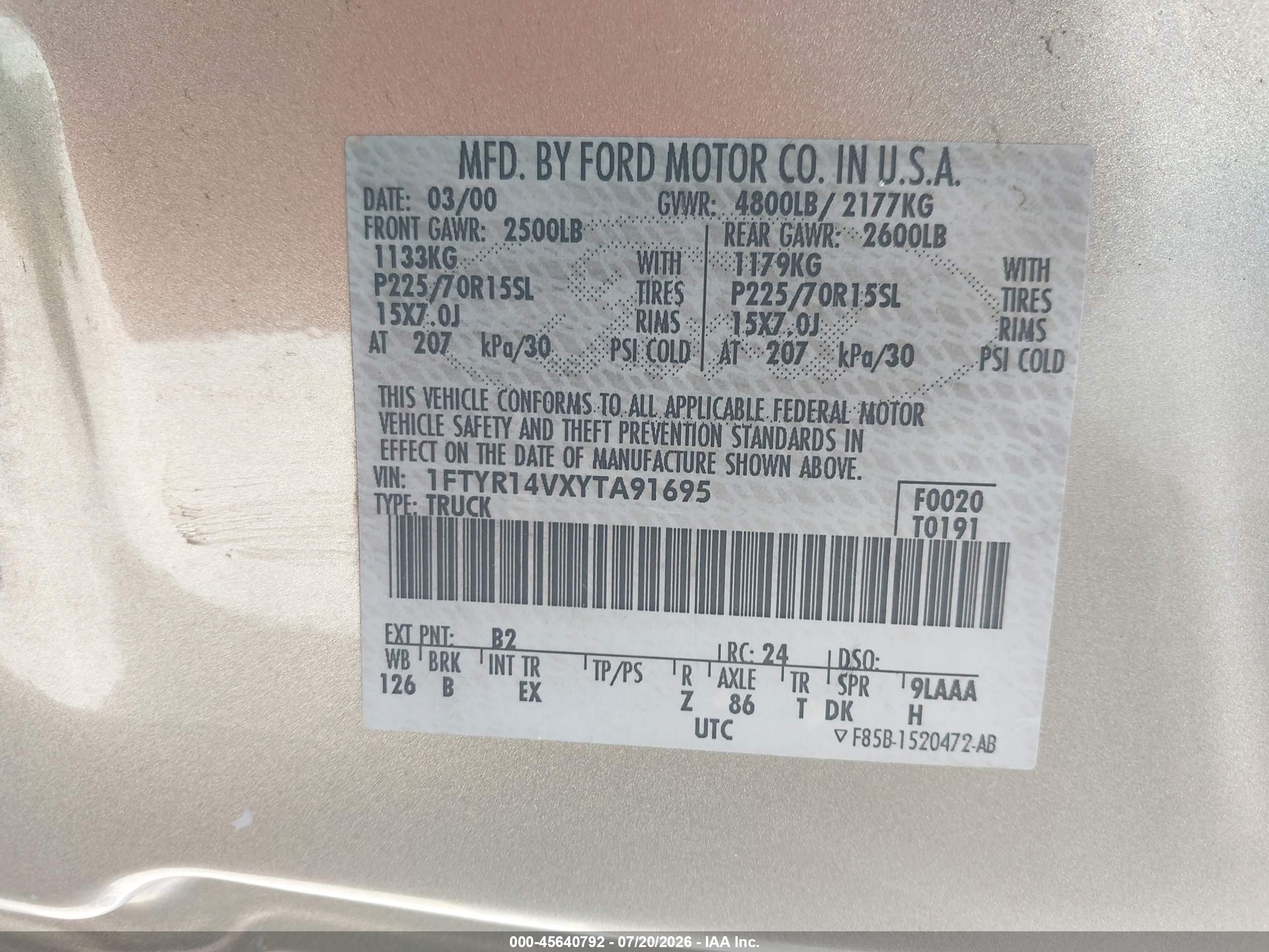 2000 Ford Ranger Xl/xlt Gold vin: 1FTYR14VXYTA91695