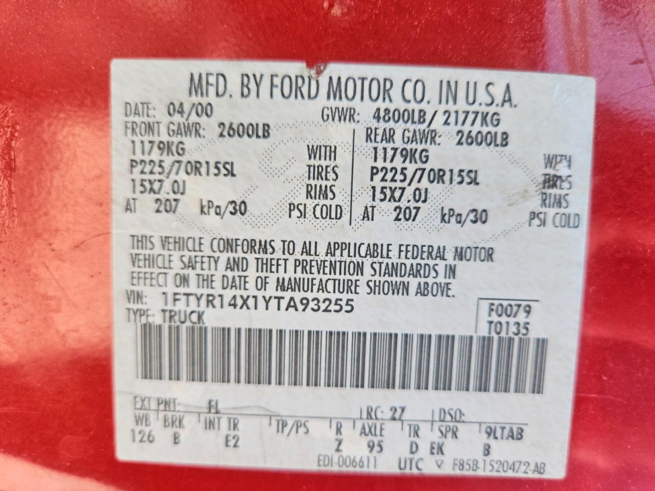 2000 Ford Ranger Super Cab Red vin: 1FTYR14X1YTA93255