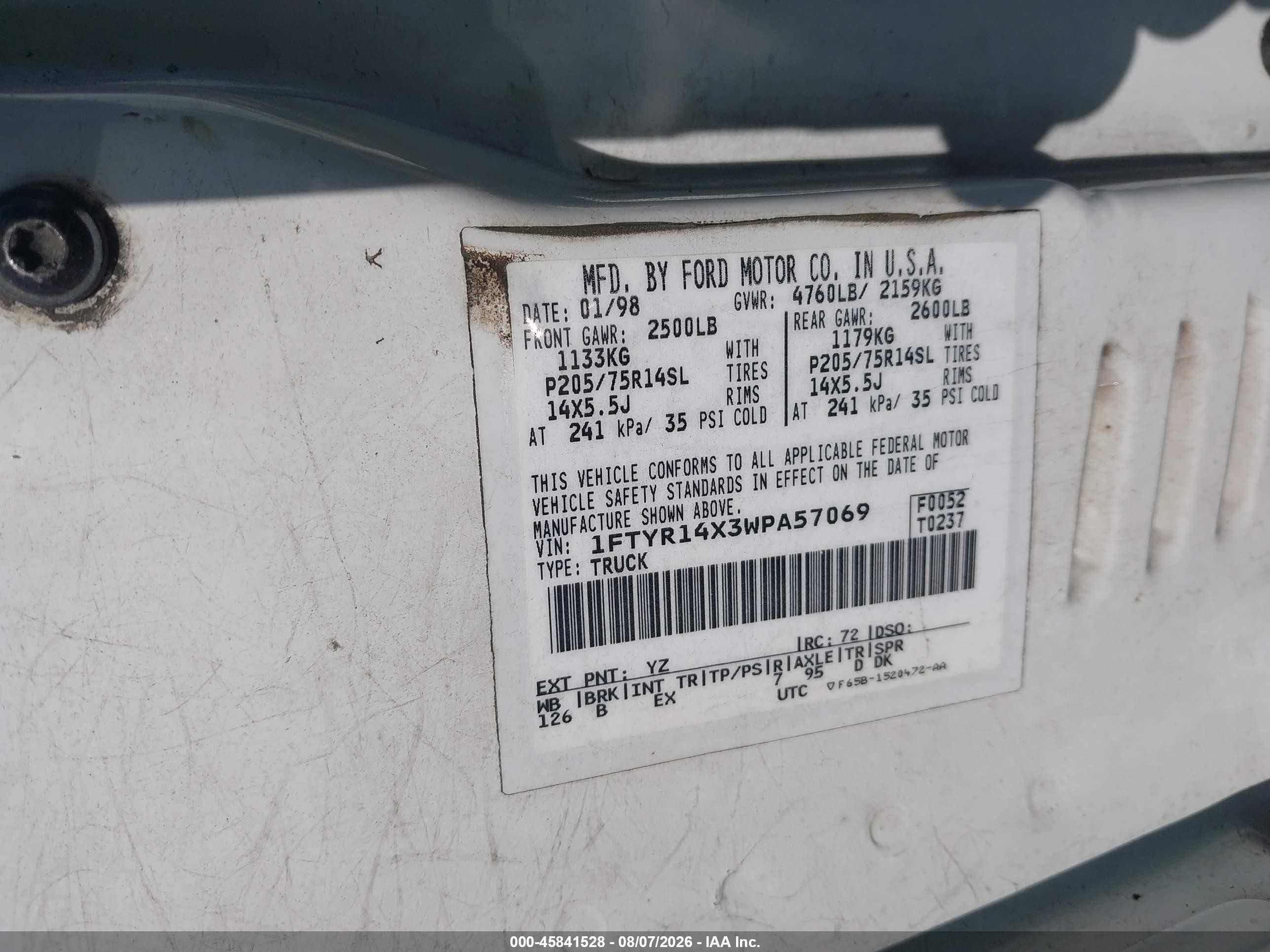1998 Ford Ranger Splash/xl/xlt White vin: 1FTYR14X3WPA57069