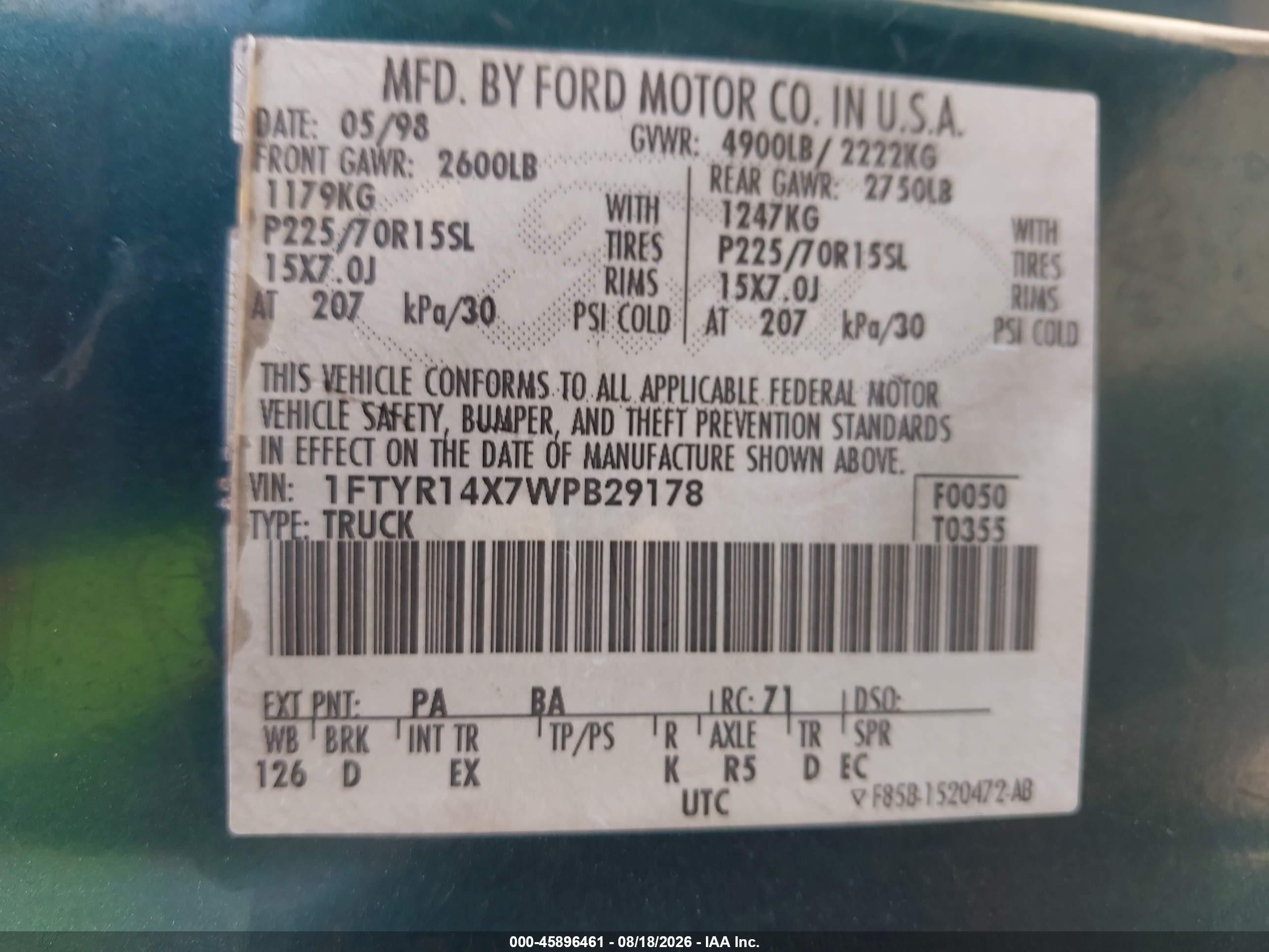 1998 Ford Ranger Splash/xl/xlt Green vin: 1FTYR14X7WPB29178