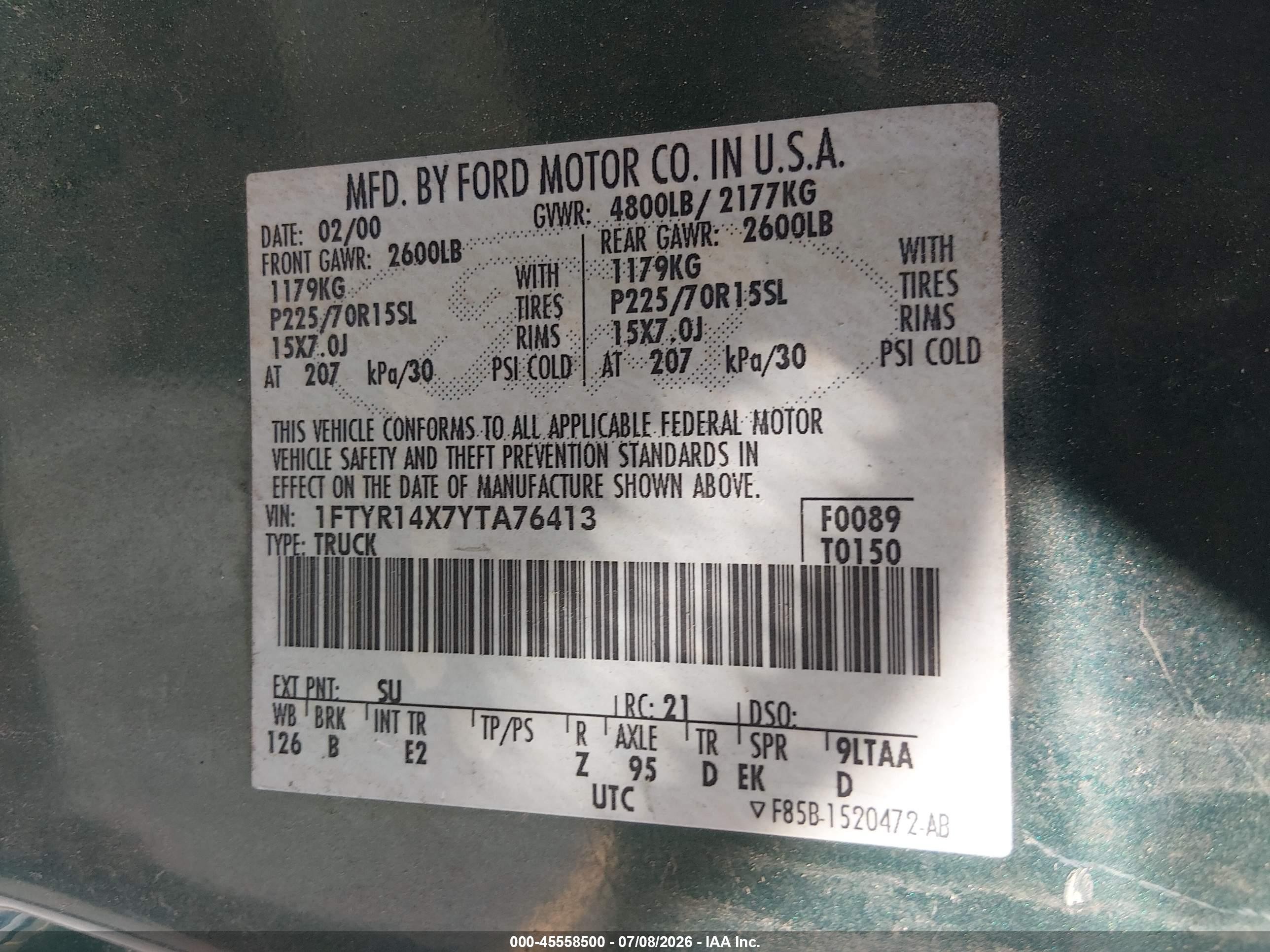 2000 Ford Ranger Xlt Green vin: 1FTYR14X7YTA76413
