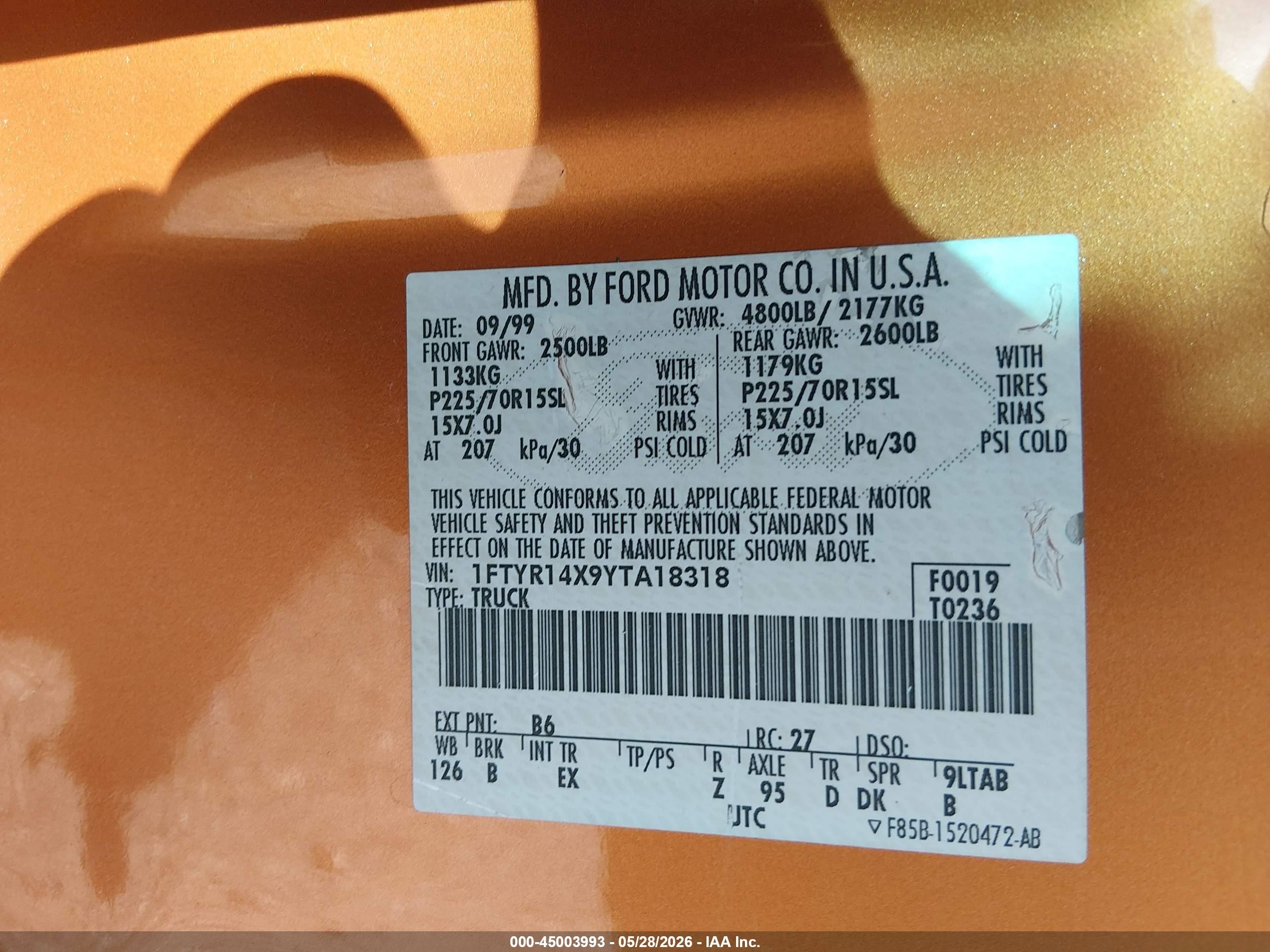 2000 Ford Ranger Xlt Orange vin: 1FTYR14X9YTA18318