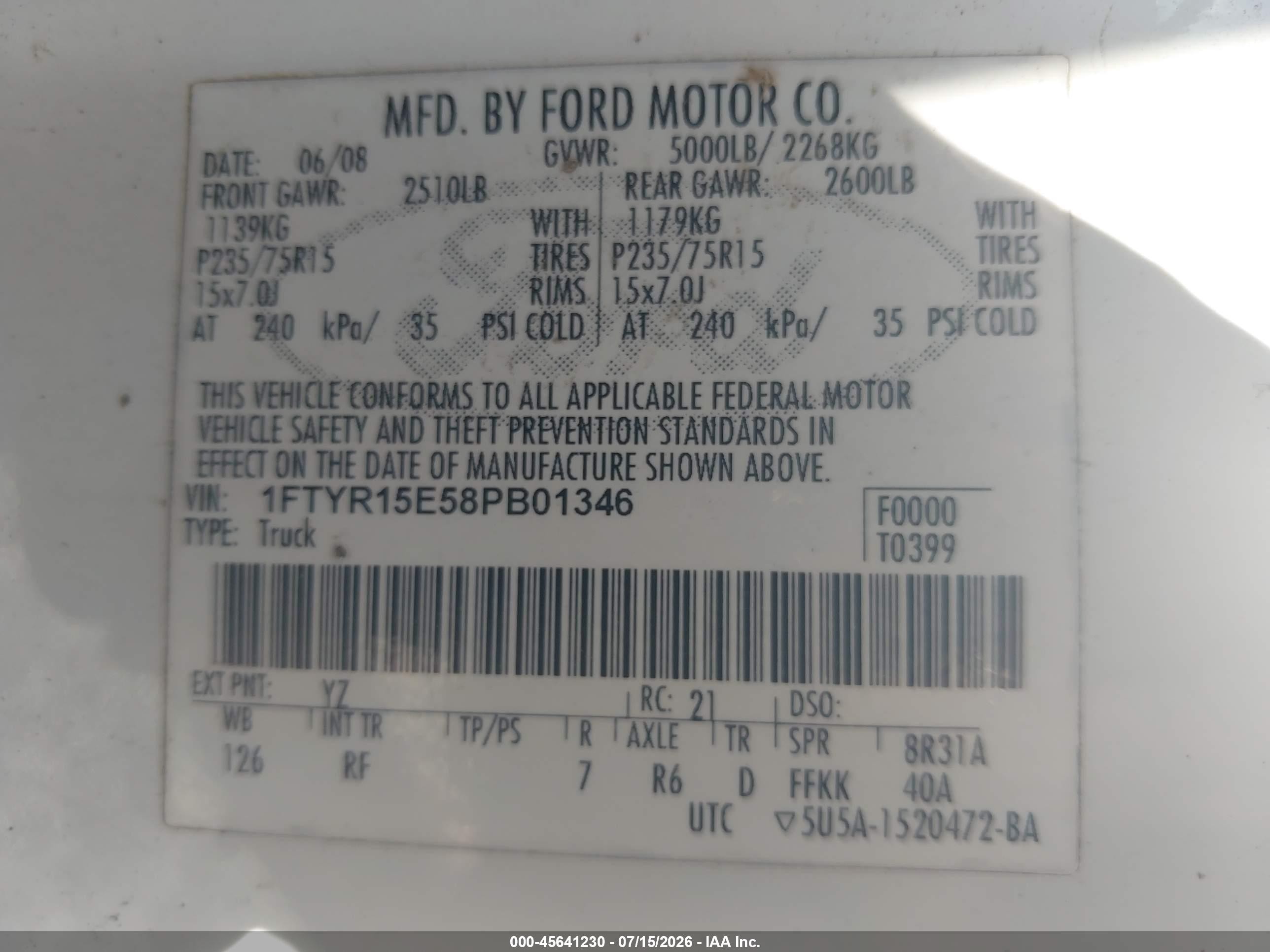2008 Ford Ranger Fx4 Off-rd/sport/xl/xlt White vin: 1FTYR15E58PB01346