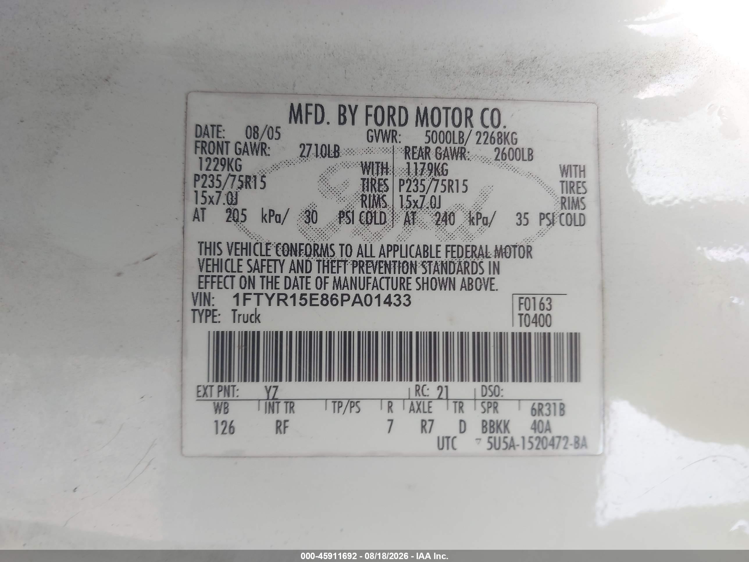2006 Ford Ranger Fx4 Off-road/sport/xl/xlt White vin: 1FTYR15E86PA01433
