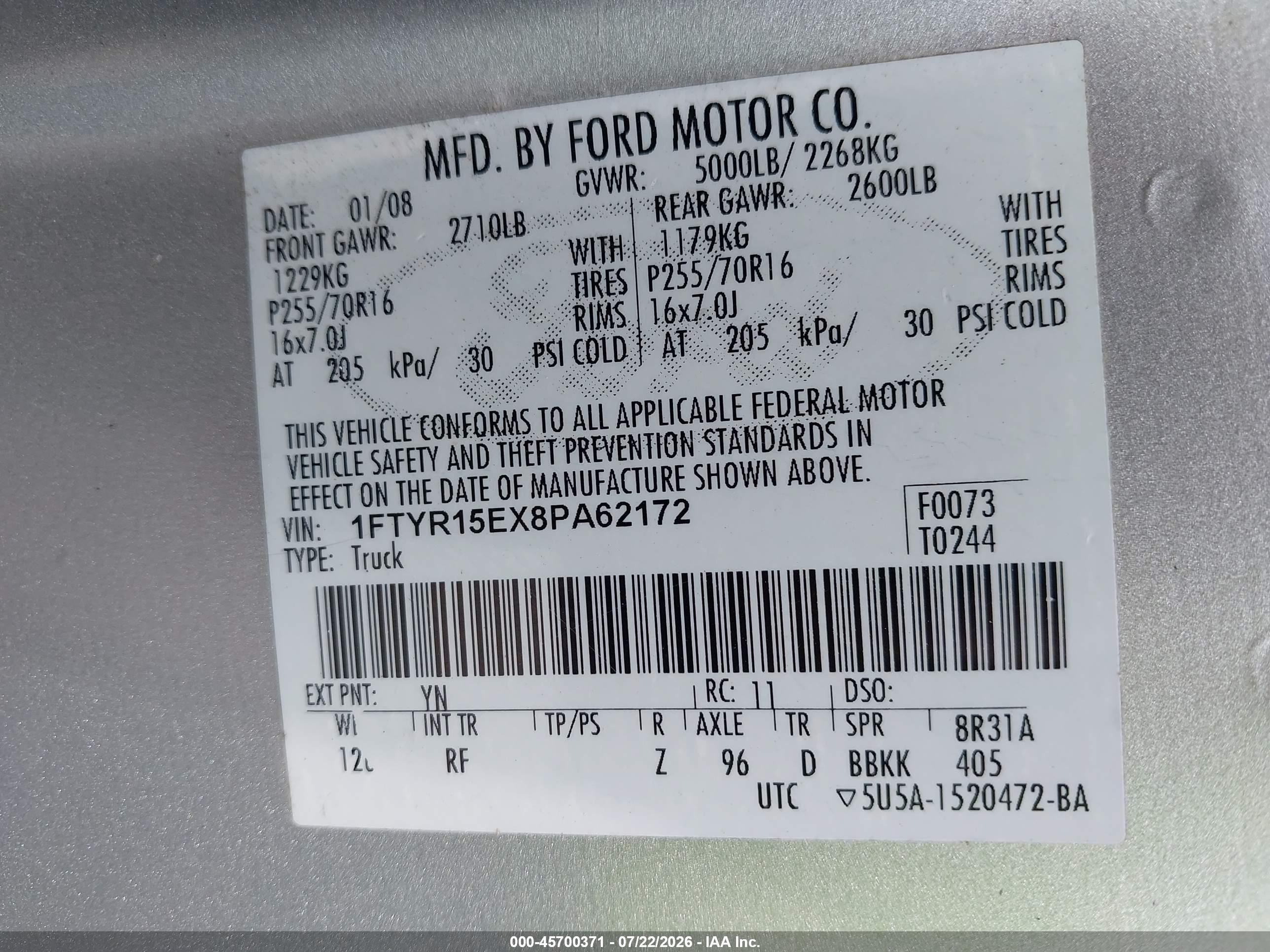 2008 Ford Ranger Fx4 Off-rd/sport/xl/xlt Silver vin: 1FTYR15EX8PA62172