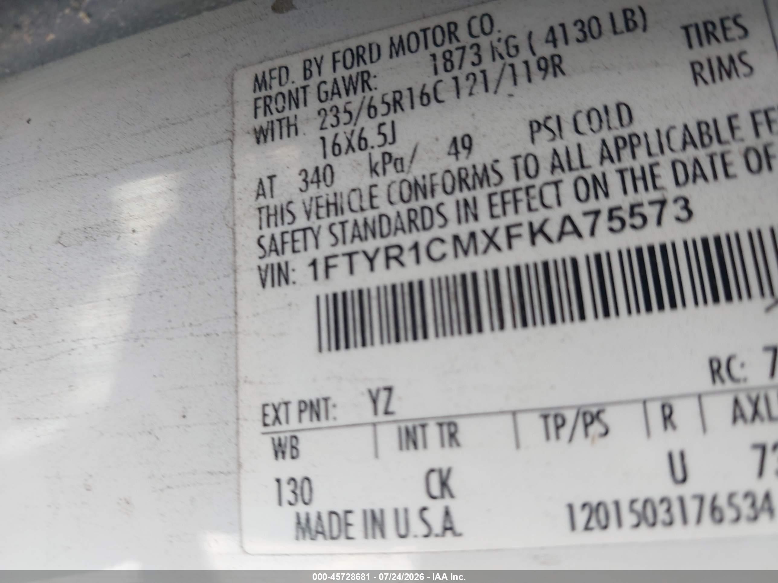 2015 Ford Transit-250   White vin: 1FTYR1CMXFKA75573