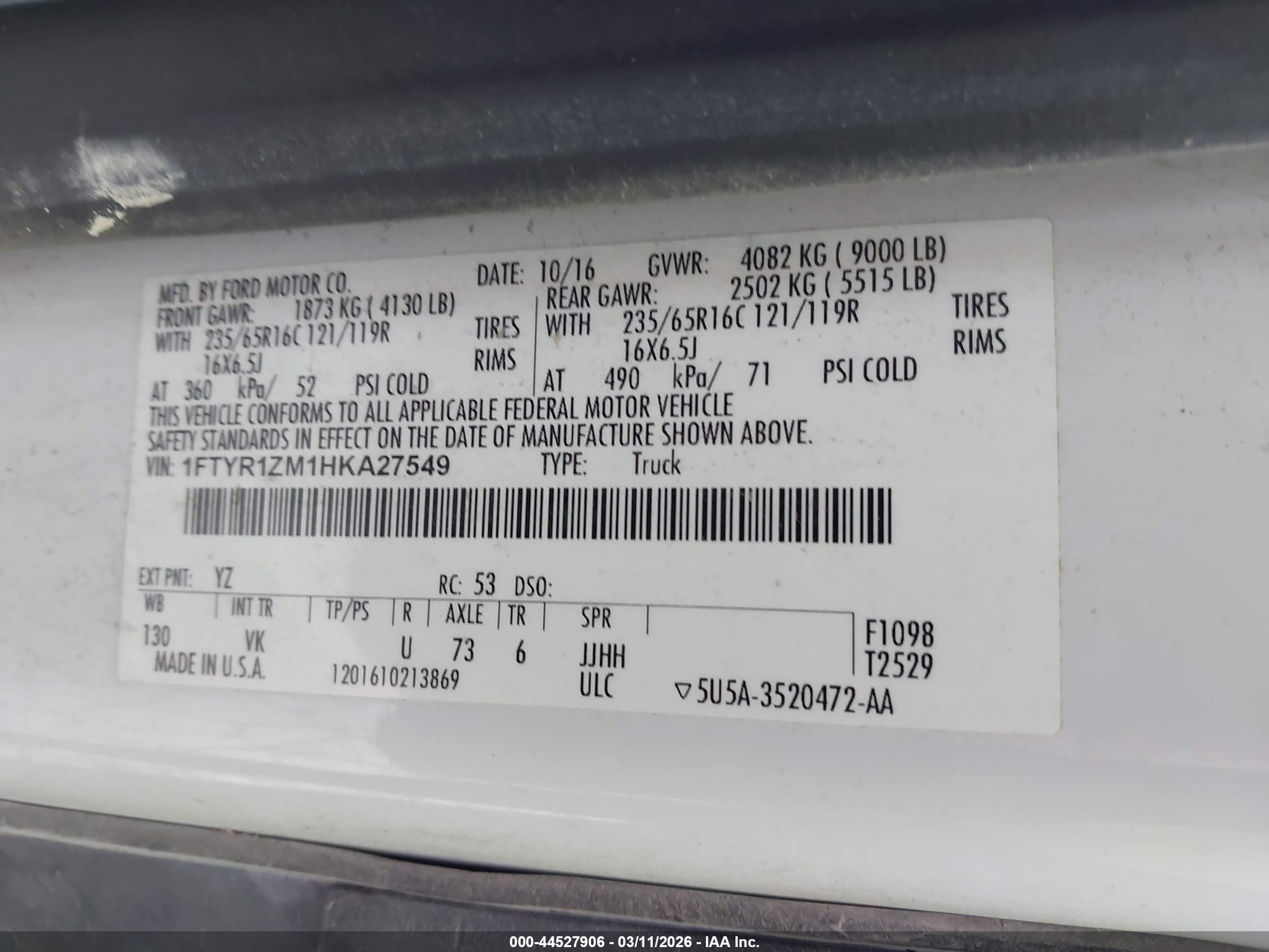 2017 Ford Transit-250 White vin: 1FTYR1ZM1HKA27549