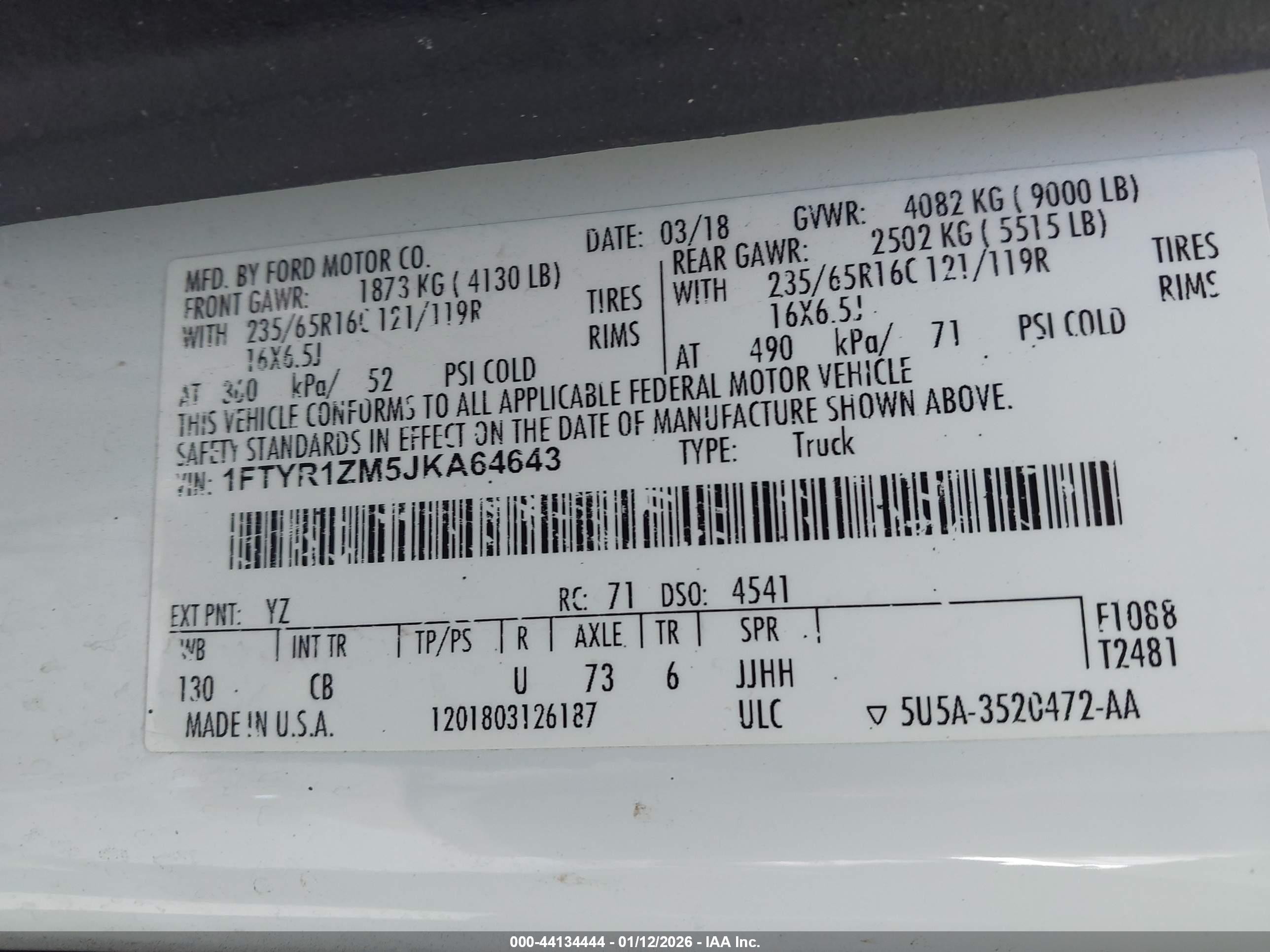 2018 Ford Transit-250   White vin: 1FTYR1ZM5JKA64643