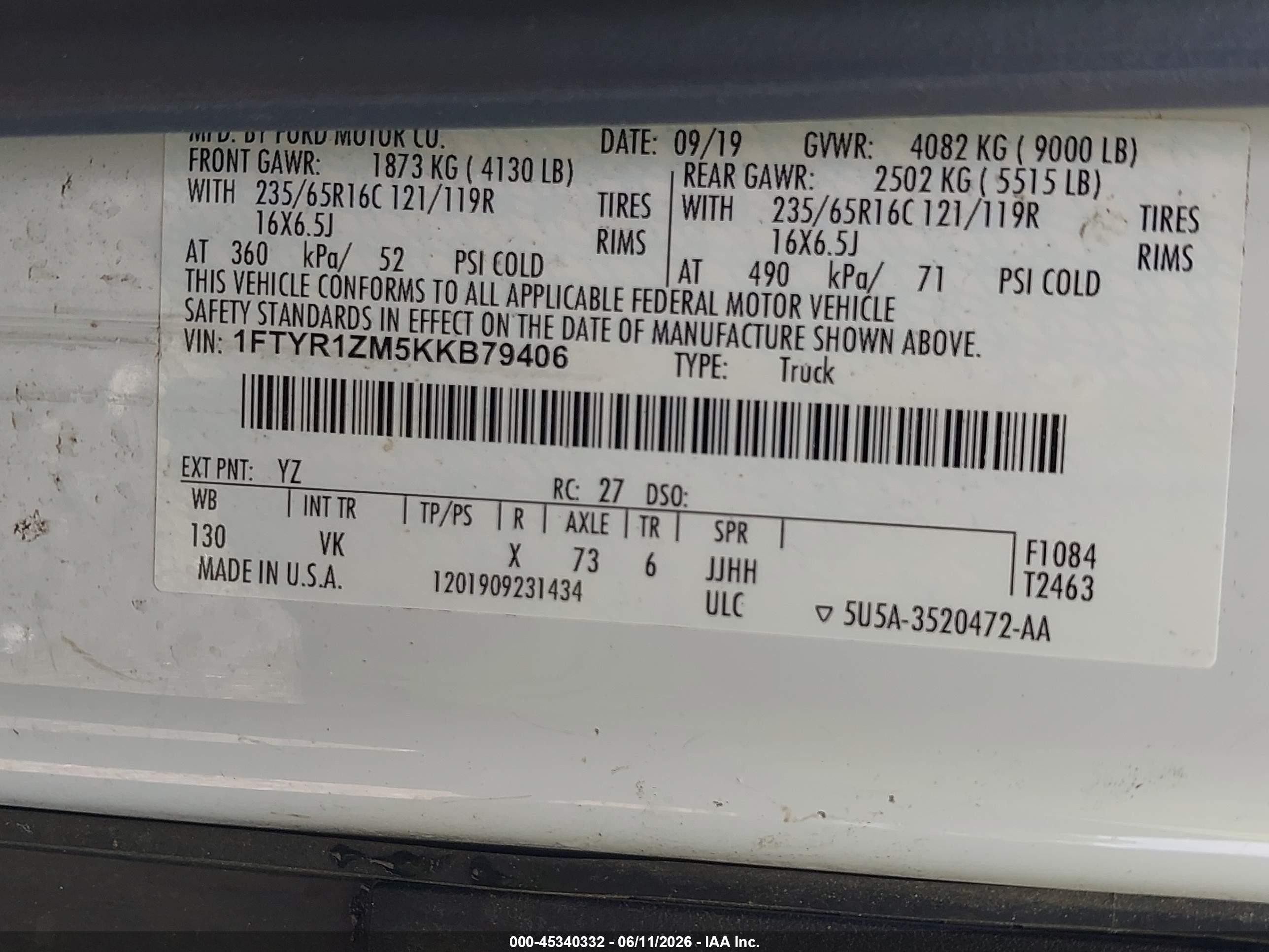 2019 Ford Transit-250 White vin: 1FTYR1ZM5KKB79406