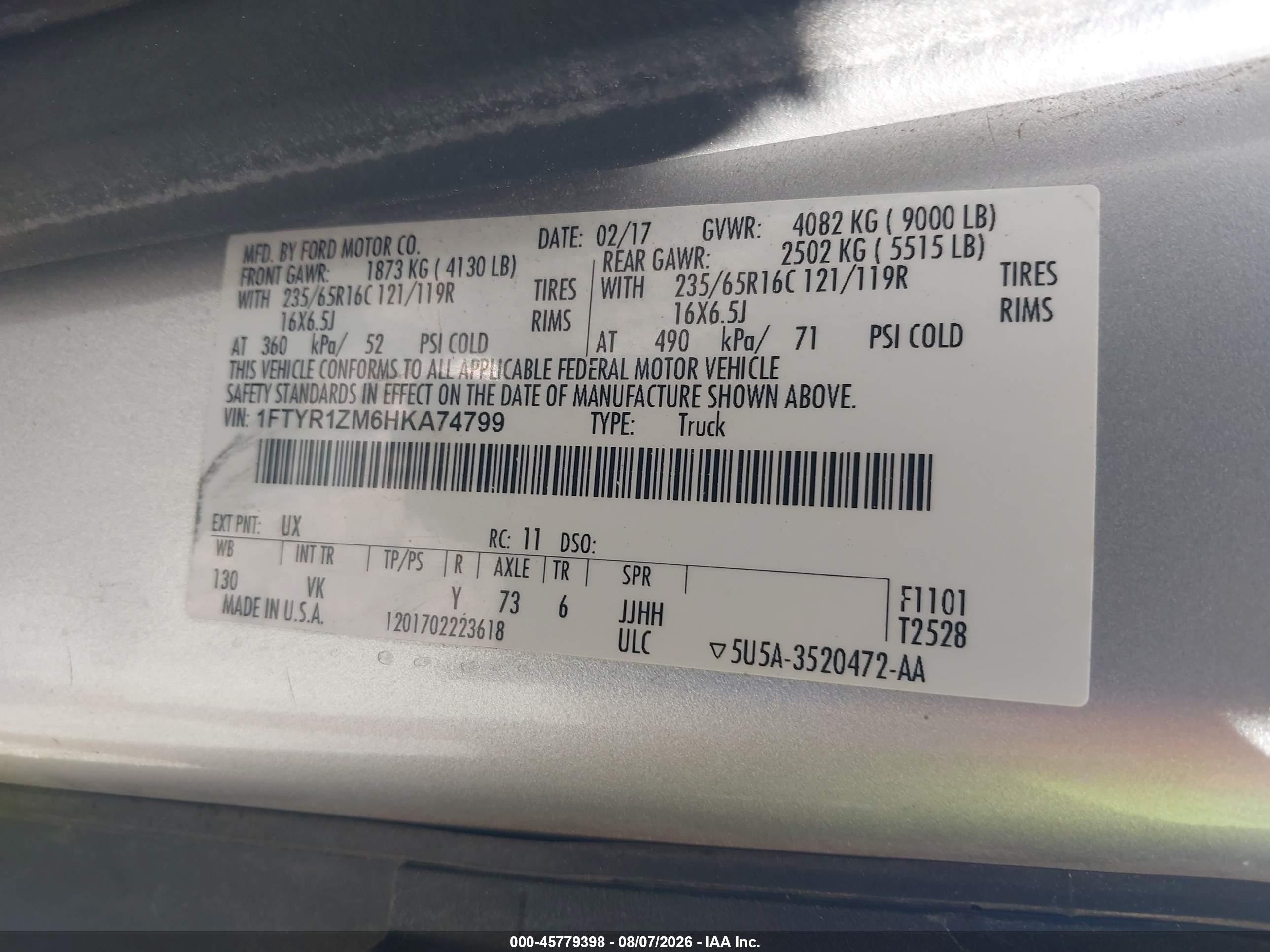 2017 Ford Transit-250 Silver vin: 1FTYR1ZM6HKA74799