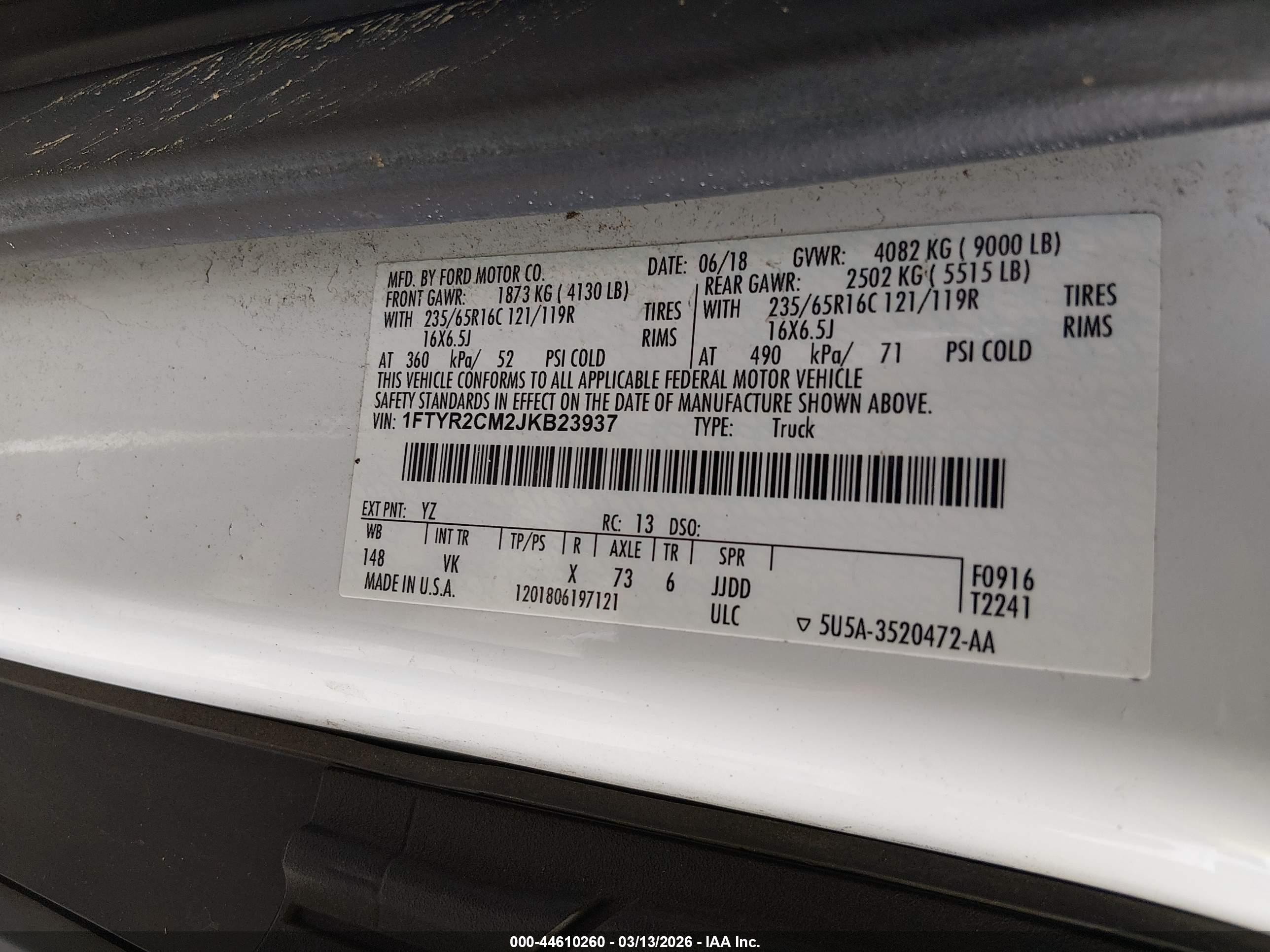 2018 Ford Transit-250   White vin: 1FTYR2CM2JKB23937