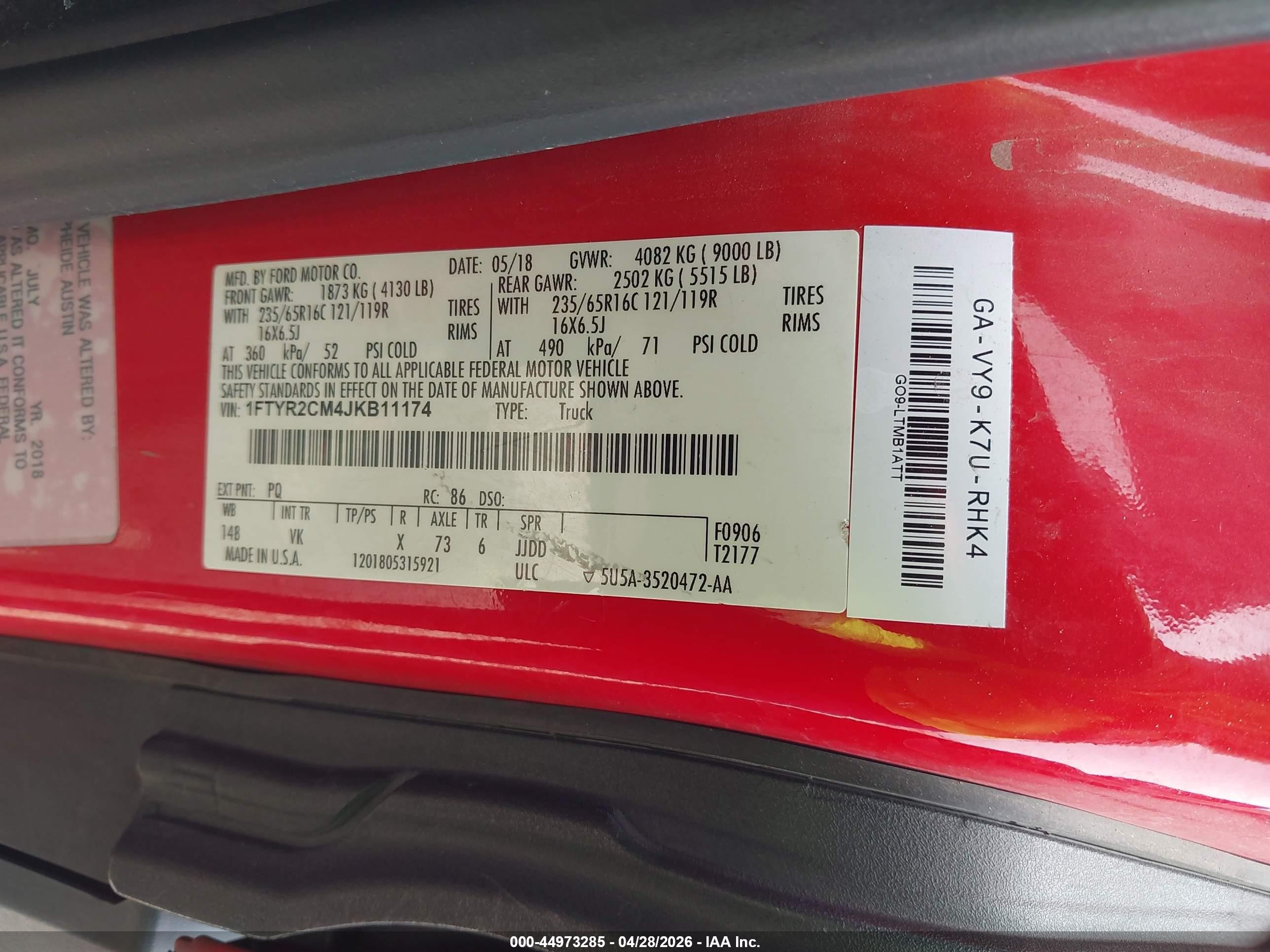 2018 Ford Transit-250   Red vin: 1FTYR2CM4JKB11174
