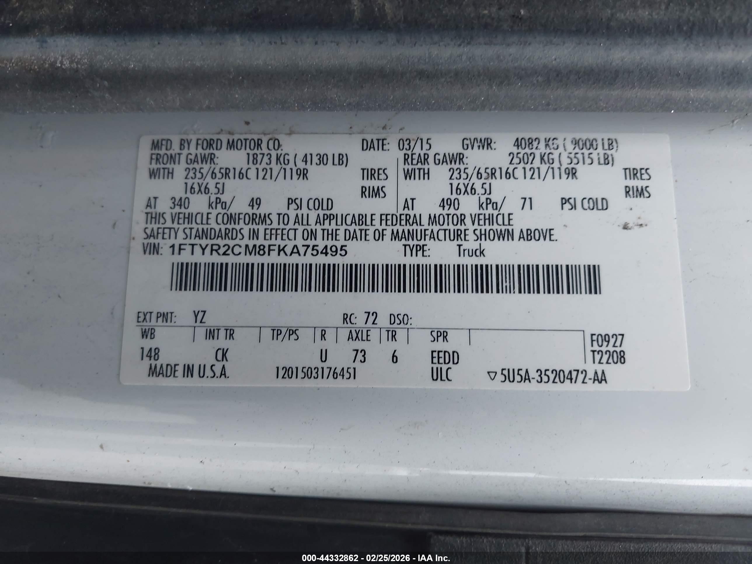 2015 Ford Transit-250   White vin: 1FTYR2CM8FKA75495