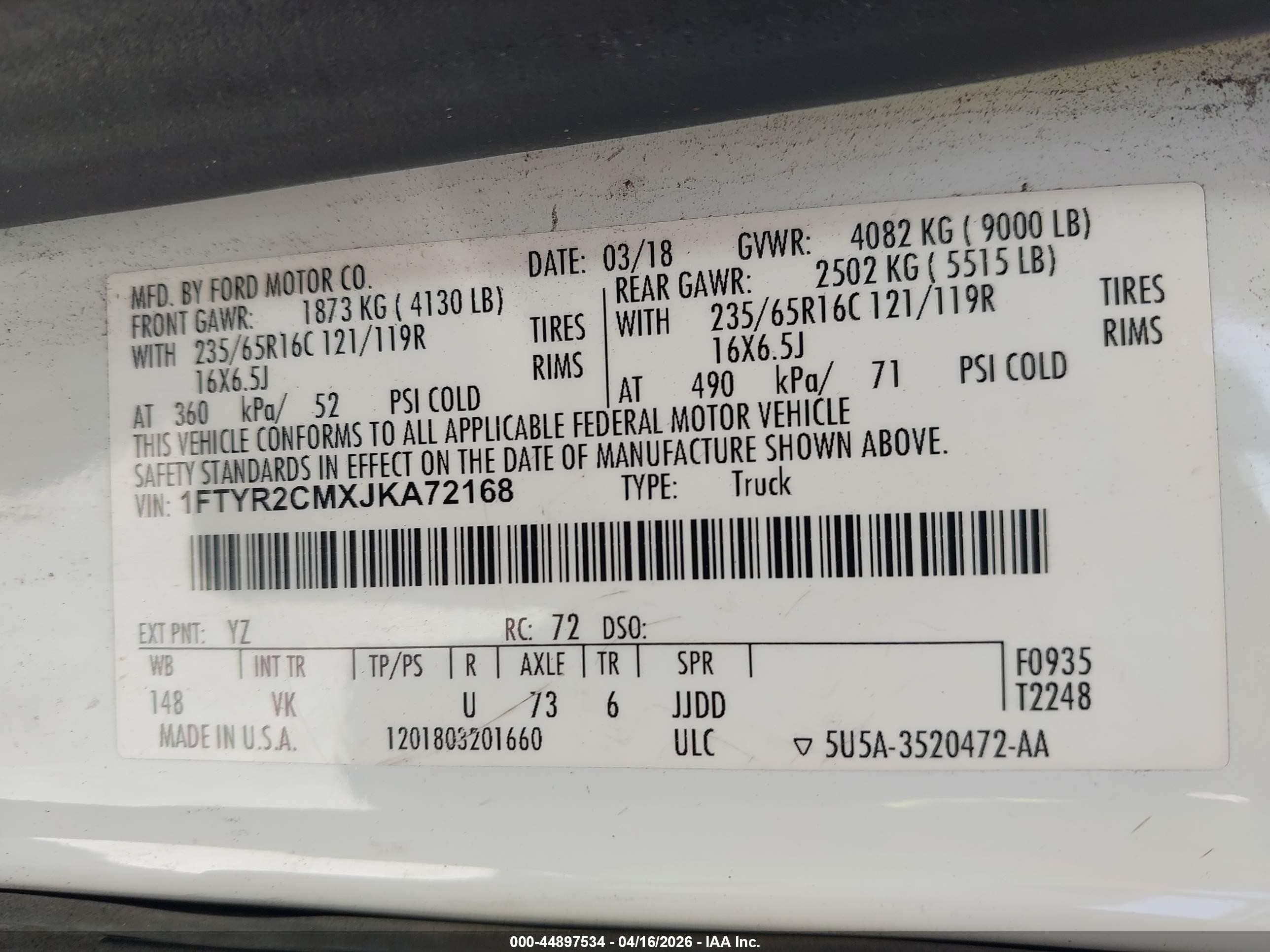 2018 Ford Transit-250   White vin: 1FTYR2CMXJKA72168