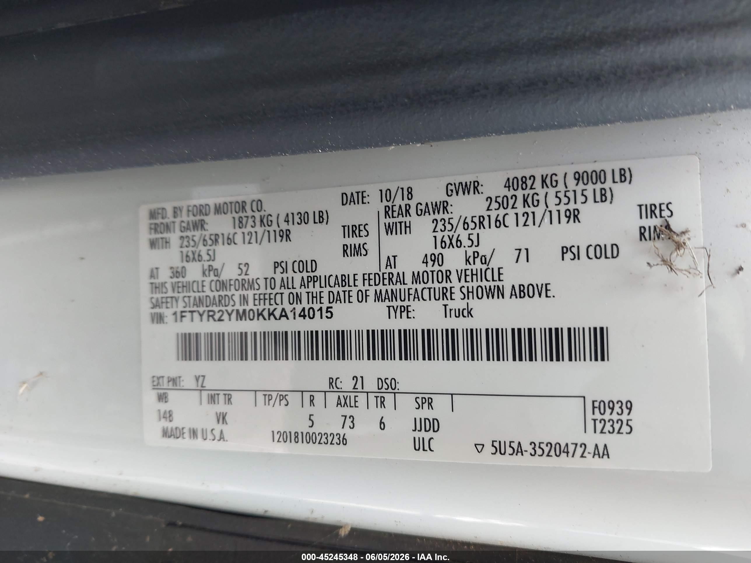 2019 Ford Transit-250 White vin: 1FTYR2YM0KKA14015