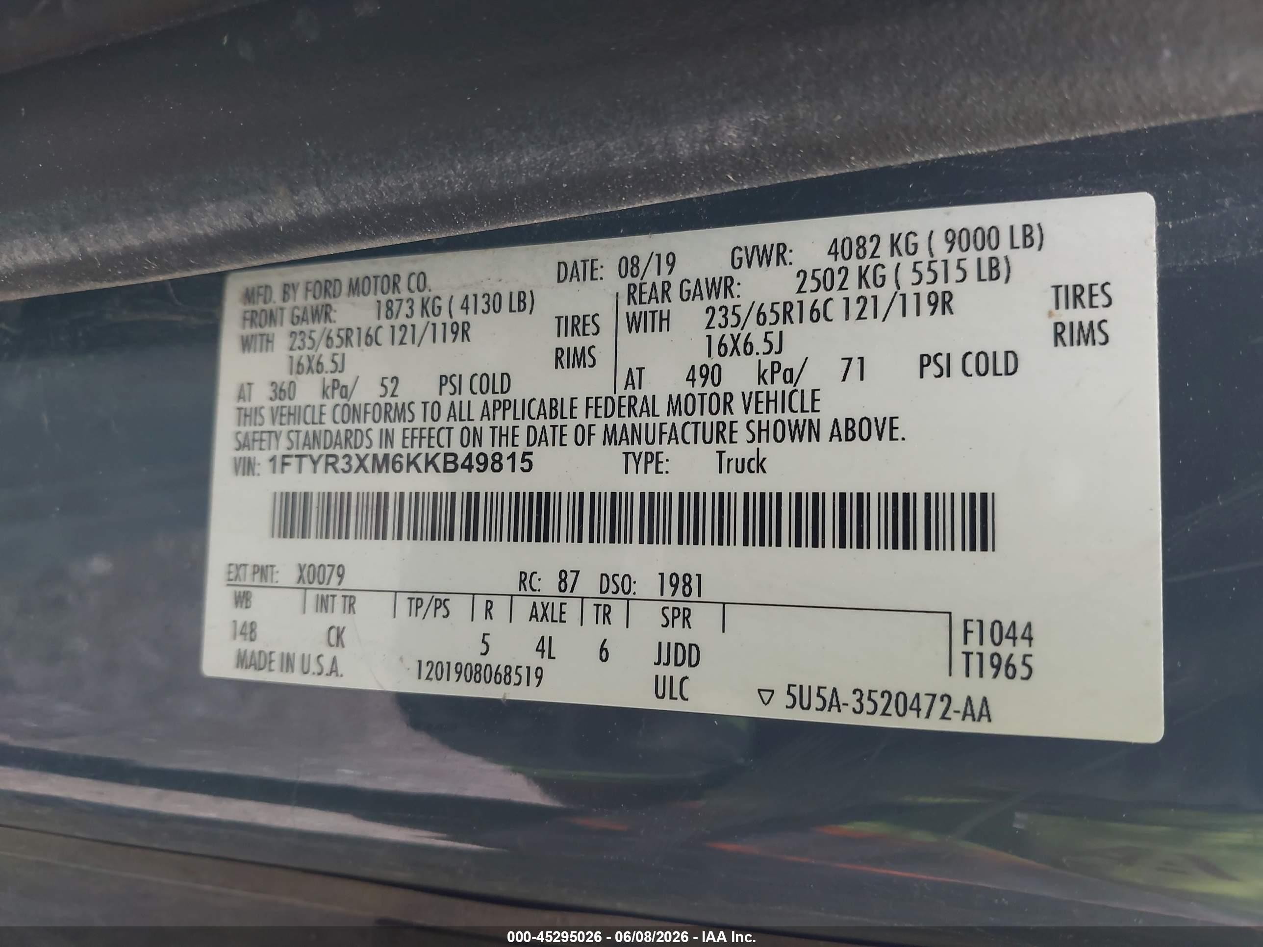 2019 Ford Transit-250   Blue vin: 1FTYR3XM6KKB49815