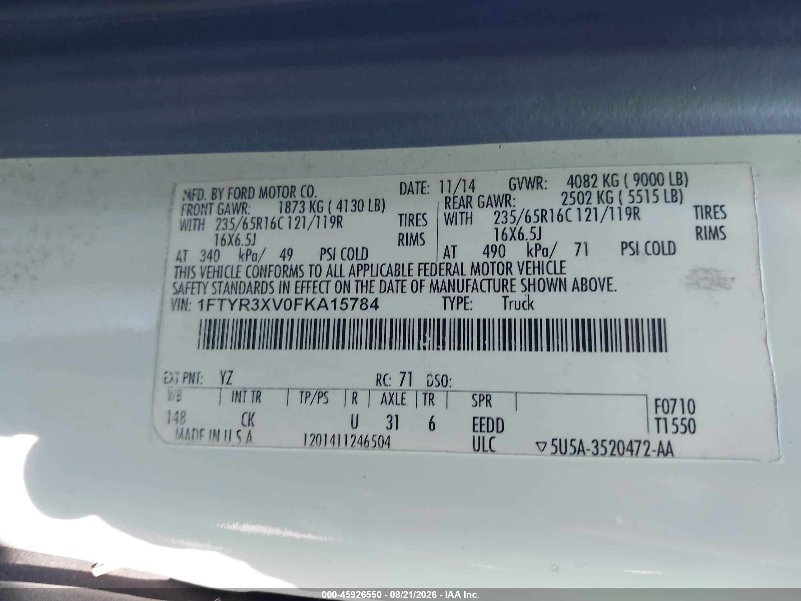 2015 Ford Transit-250   White vin: 1FTYR3XV0FKA15784