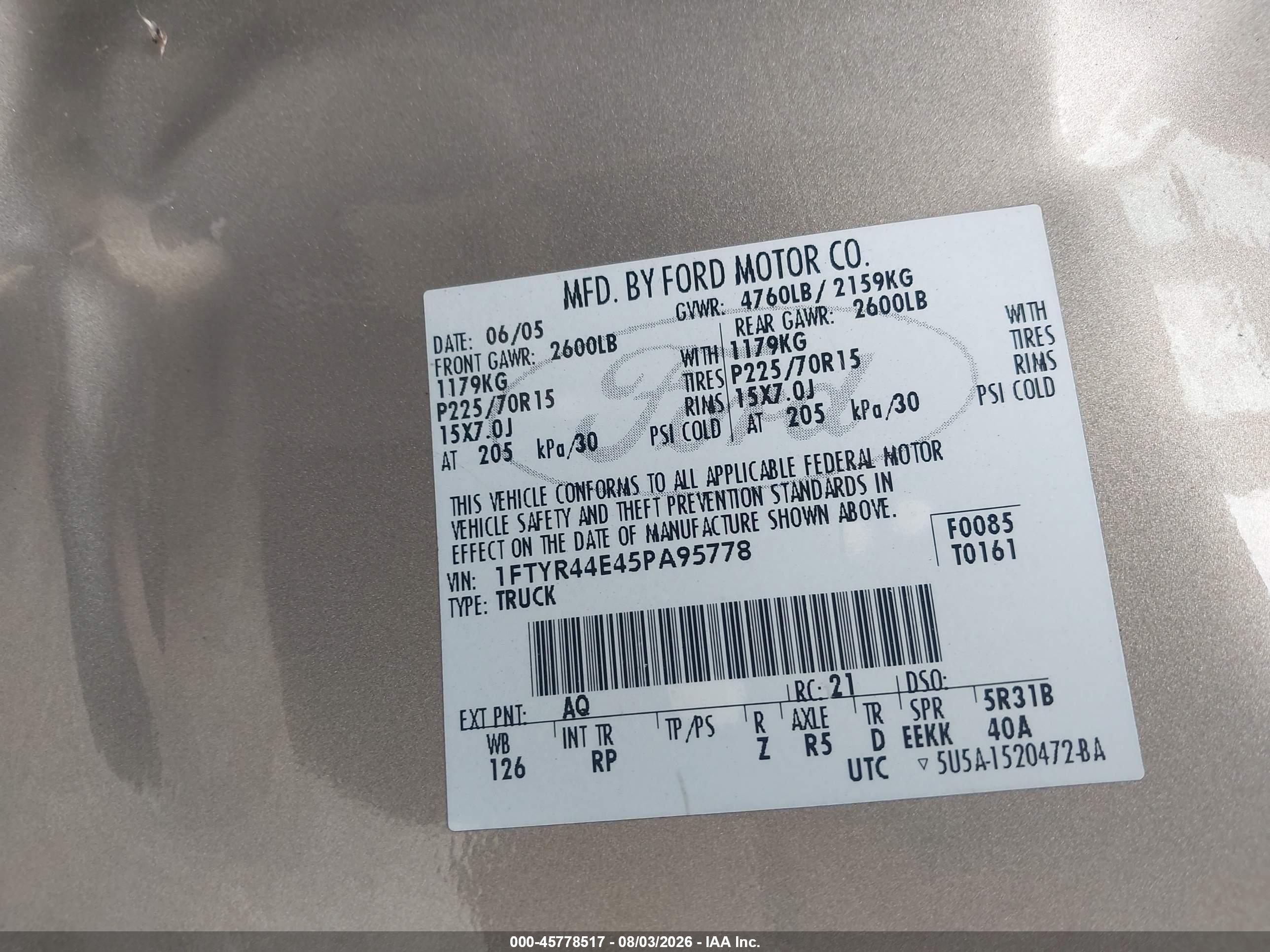 2005 Ford Ranger Edge/stx/xlt Tan vin: 1FTYR44E45PA95778