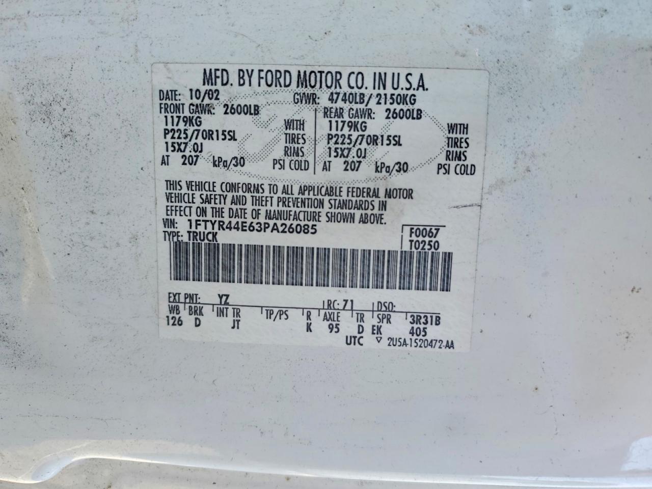 2003 Ford Ranger Super Cab White vin: 1FTYR44E63PA26085
