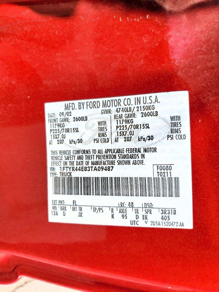 2003 Ford Ranger Super Cab Red vin: 1FTYR44E83TA09487