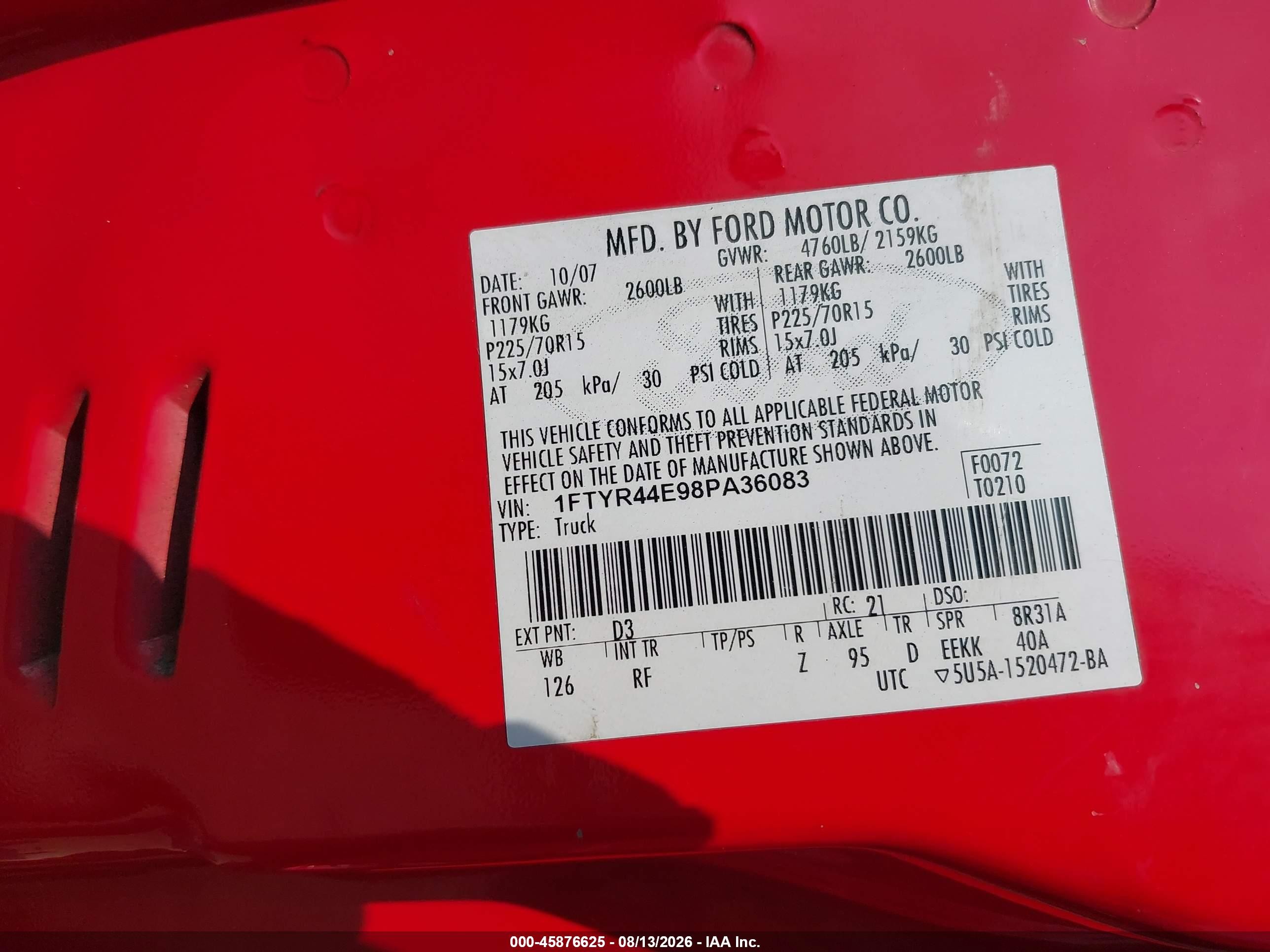 2008 Ford Ranger Sport/xlt Red vin: 1FTYR44E98PA36083