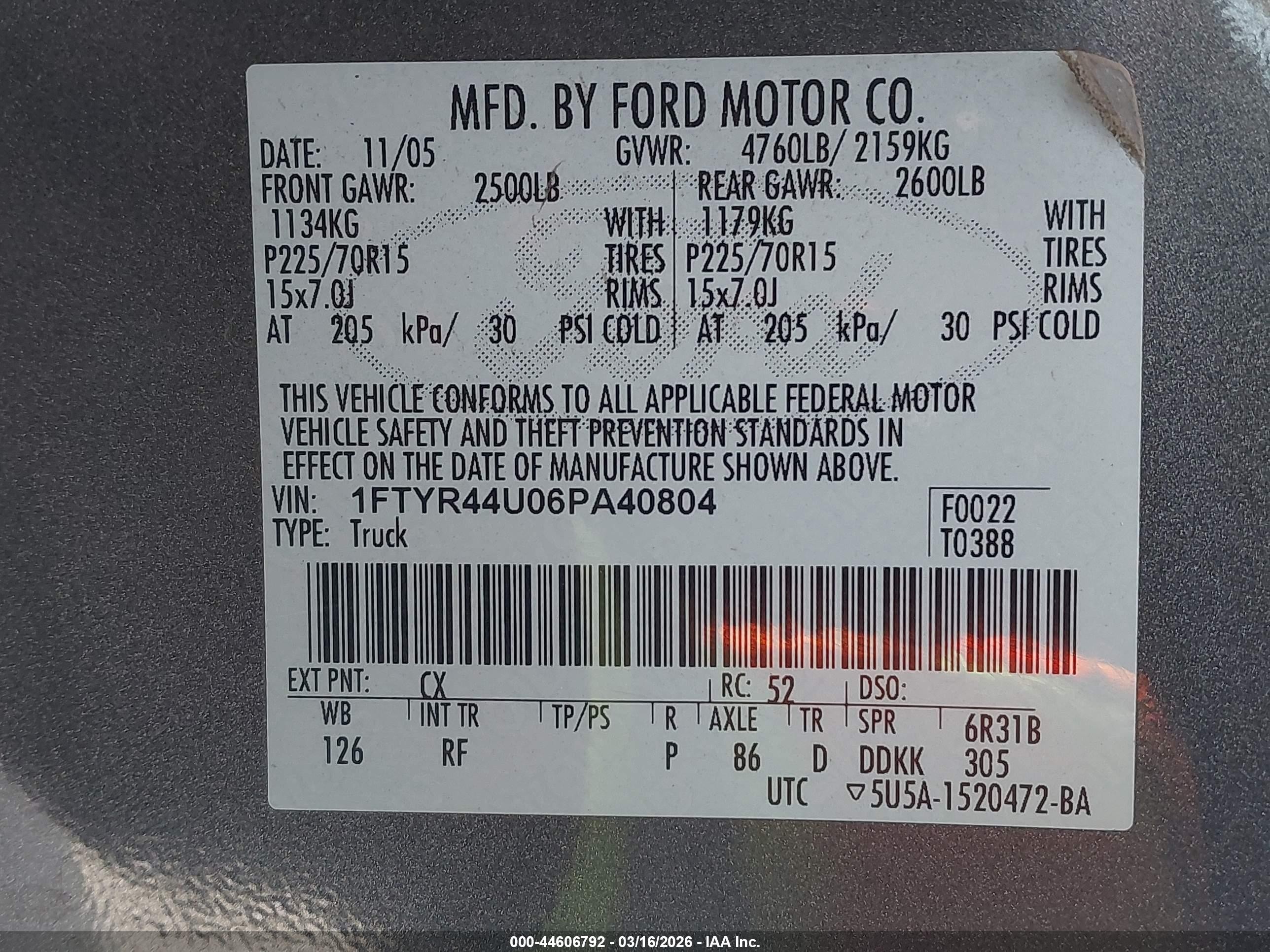 2006 Ford Ranger Sport/stx/xlt Gray vin: 1FTYR44U06PA40804
