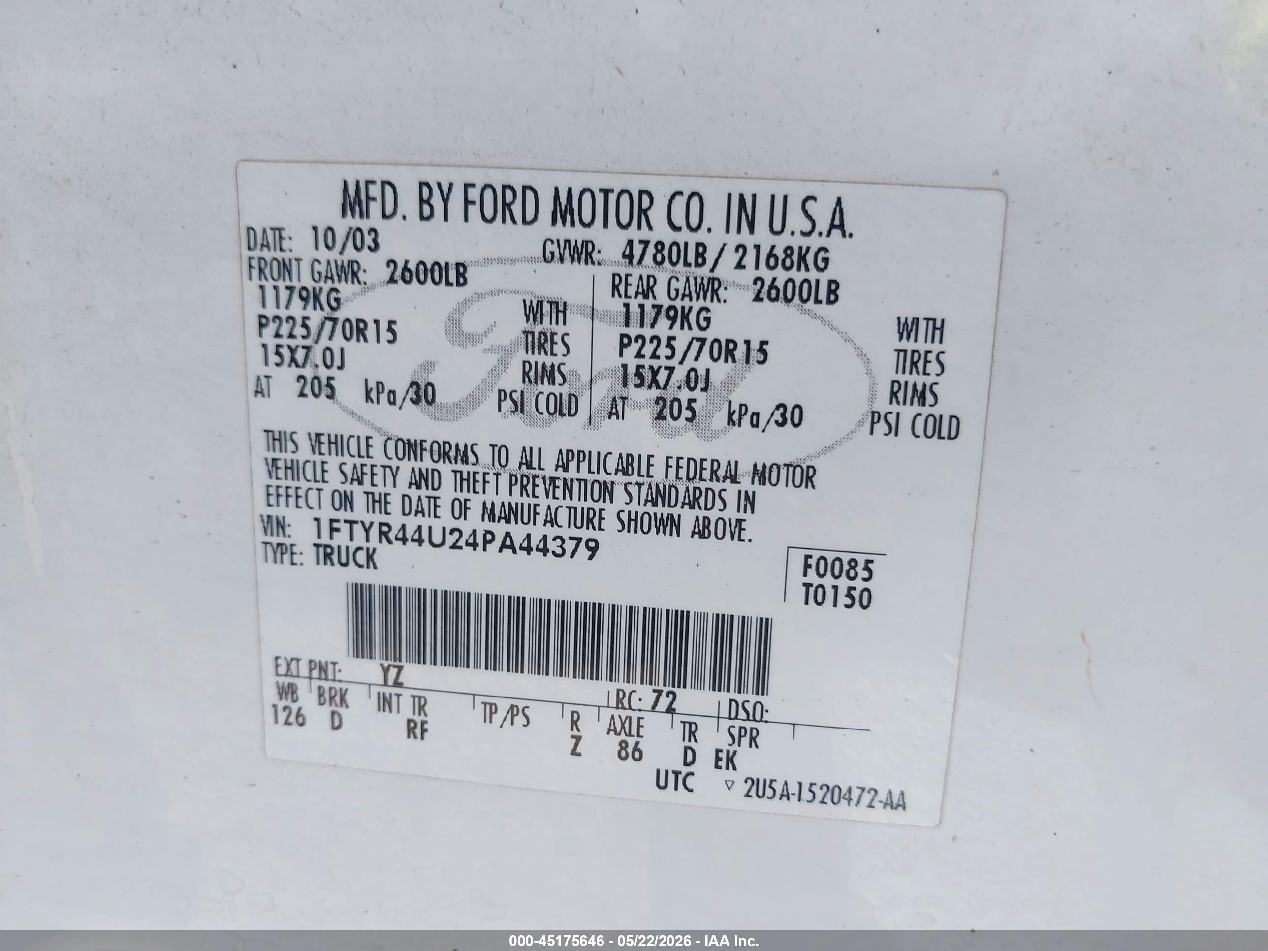 2004 Ford Ranger Edge/tremor/xlt Белый vin: 1FTYR44U24PA44379