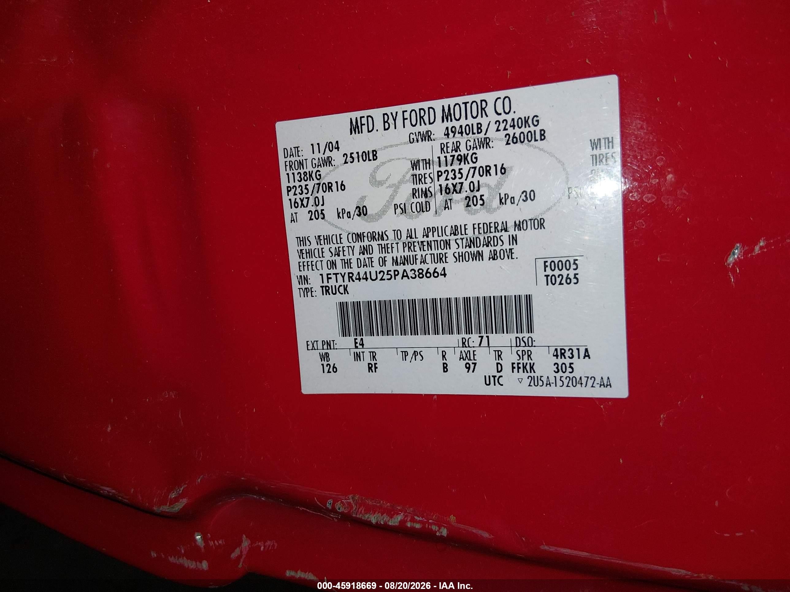 2005 Ford Ranger Edge/stx/xlt Red vin: 1FTYR44U25PA38664