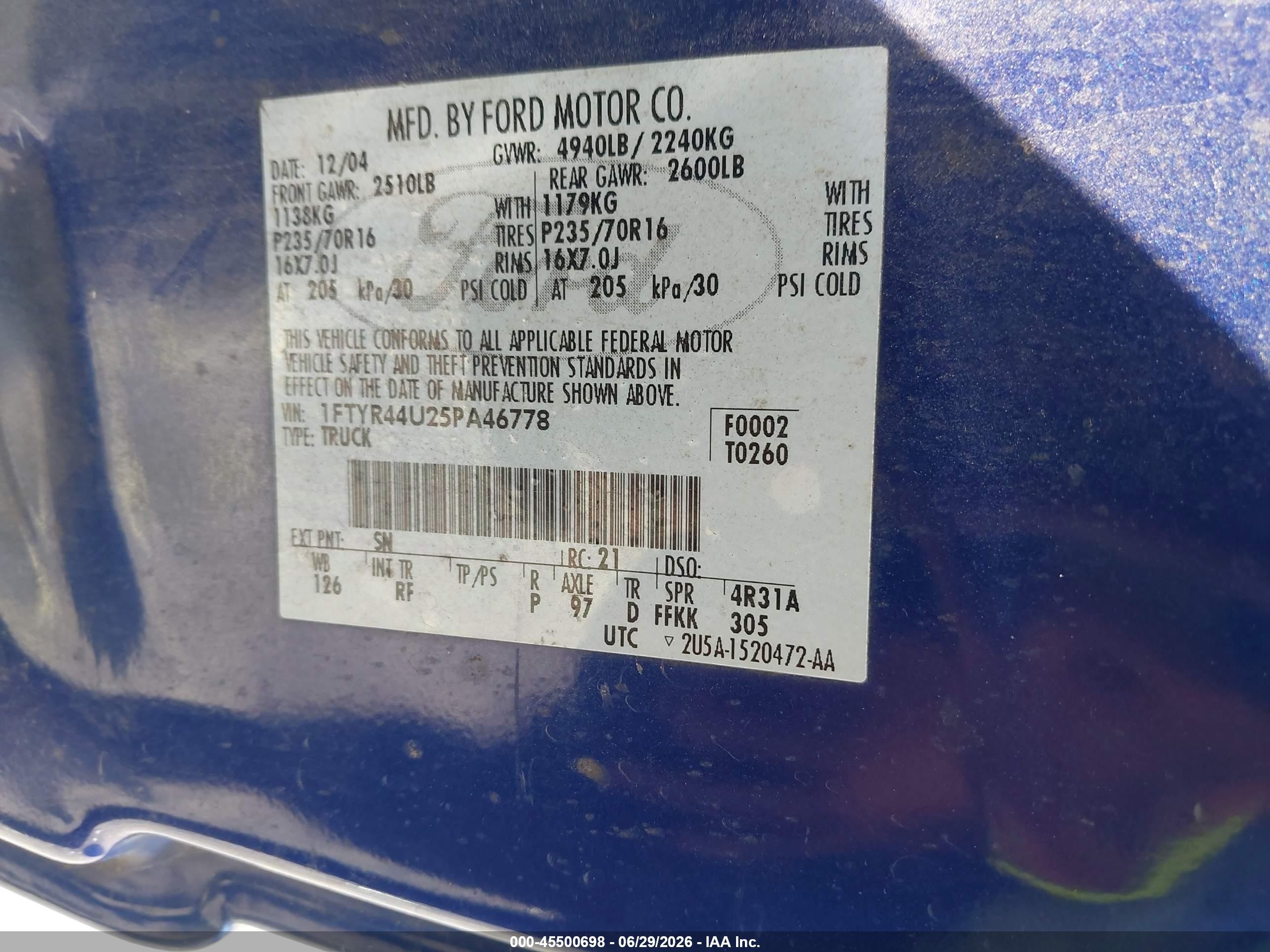 2005 Ford Ranger Edge/stx/xlt Blue vin: 1FTYR44U25PA46778