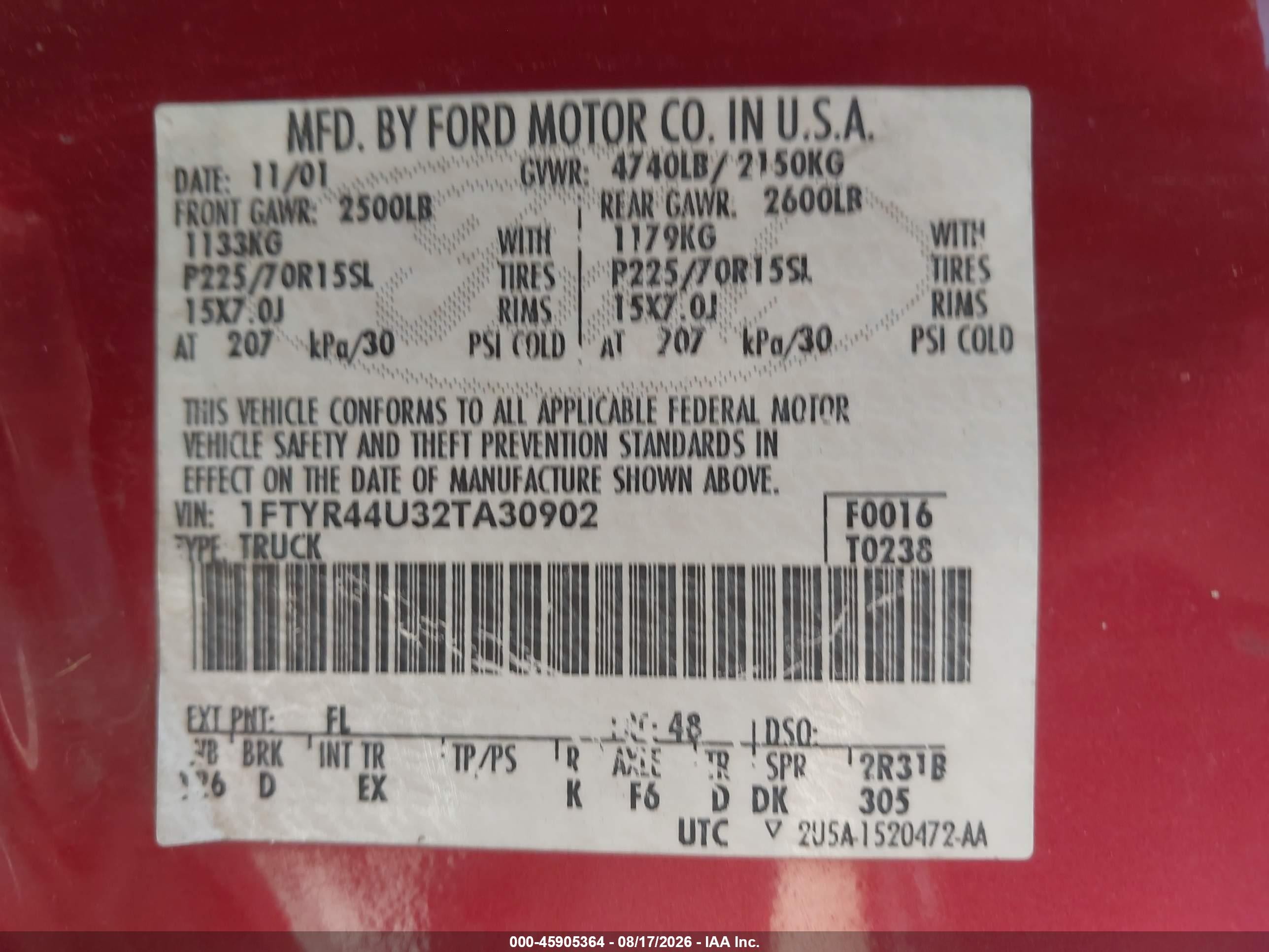 2002 Ford Ranger Edge/tremor/xlt Бордовый vin: 1FTYR44U32TA30902