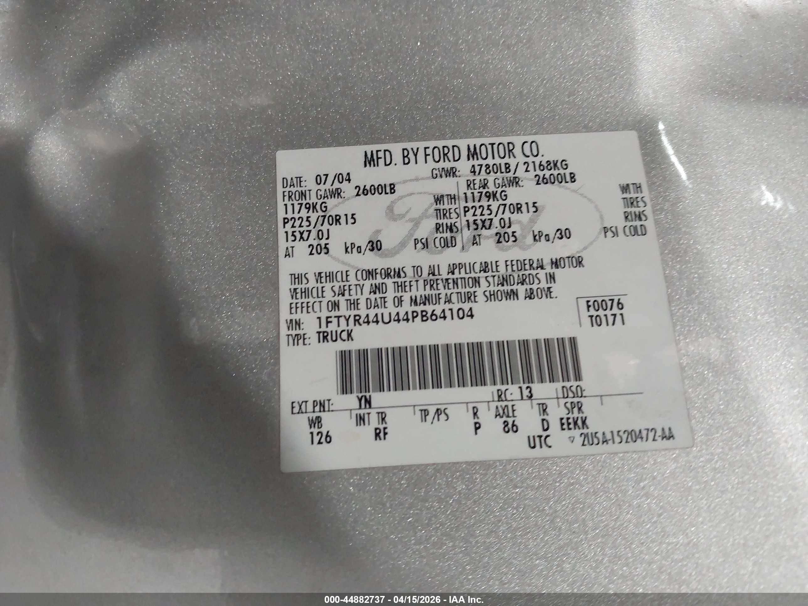 2004 Ford Ranger Edge/tremor/xlt Silver vin: 1FTYR44U44PB64104