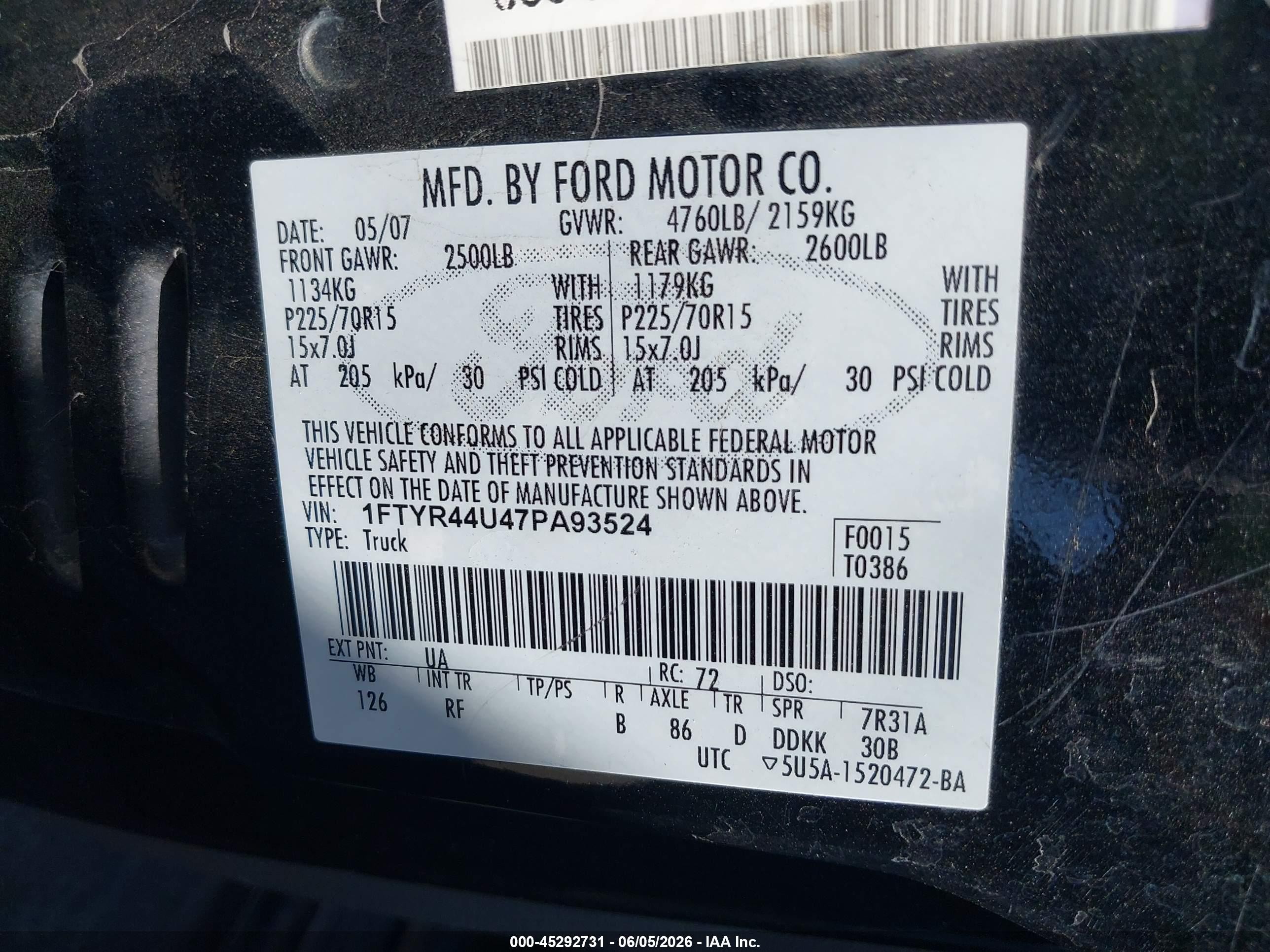 2007 Ford Ranger Sport/stx/xlt Black vin: 1FTYR44U47PA93524