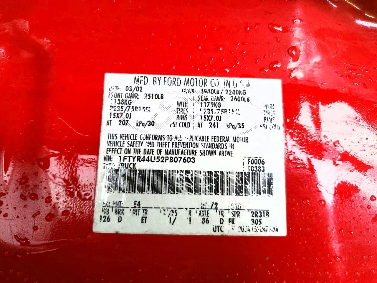 2002 Ford Ranger Super Cab Red vin: 1FTYR44U52PB07603