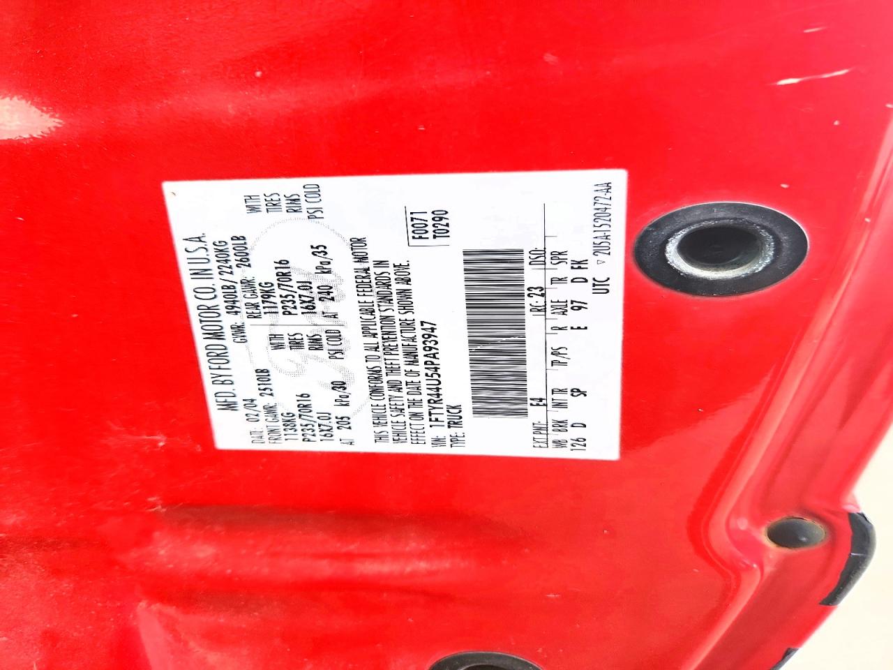 2004 Ford Ranger Super Cab Red vin: 1FTYR44U54PA93947