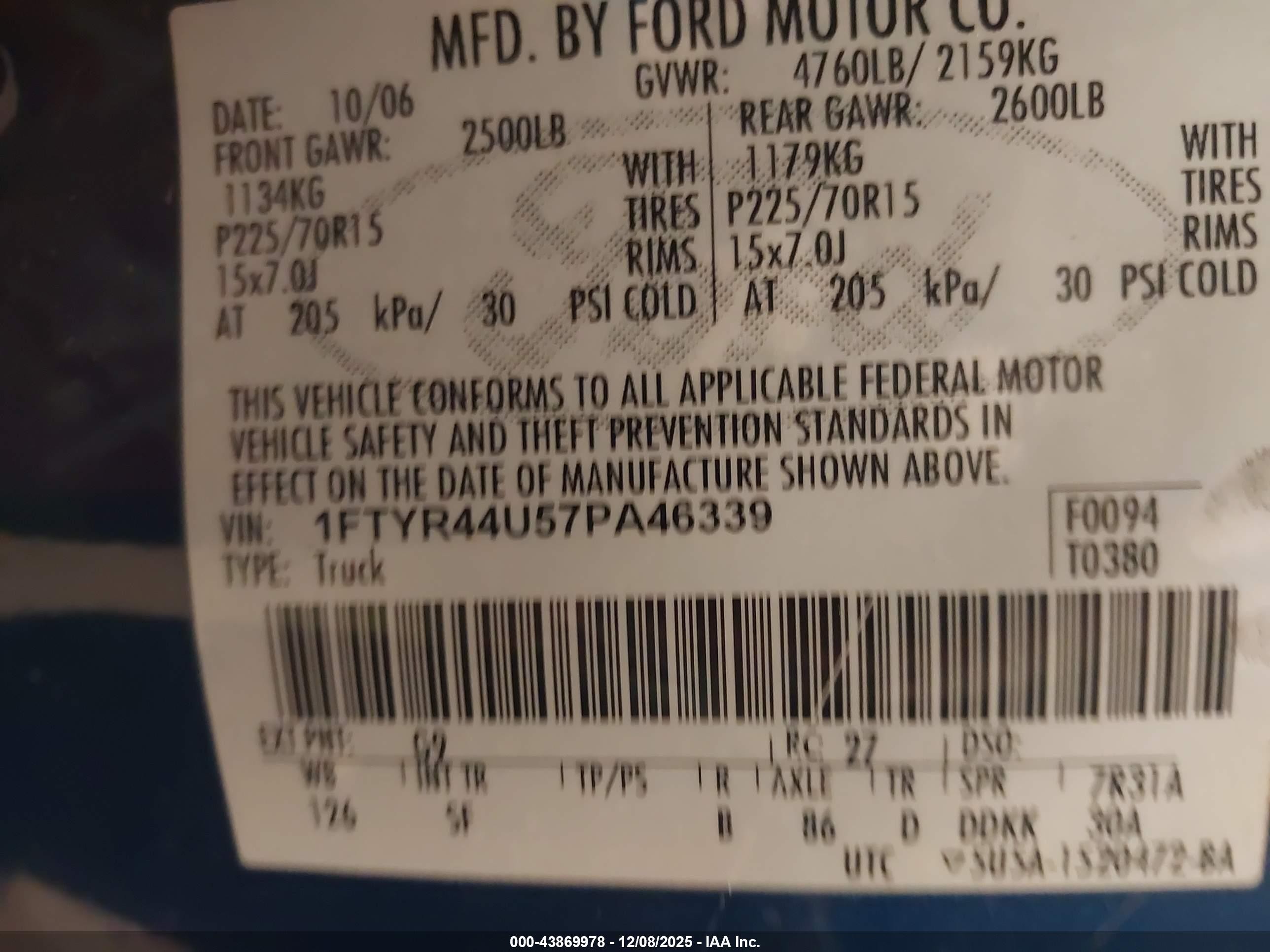 2007 Ford Ranger Sport/stx/xlt Blue vin: 1FTYR44U57PA46339