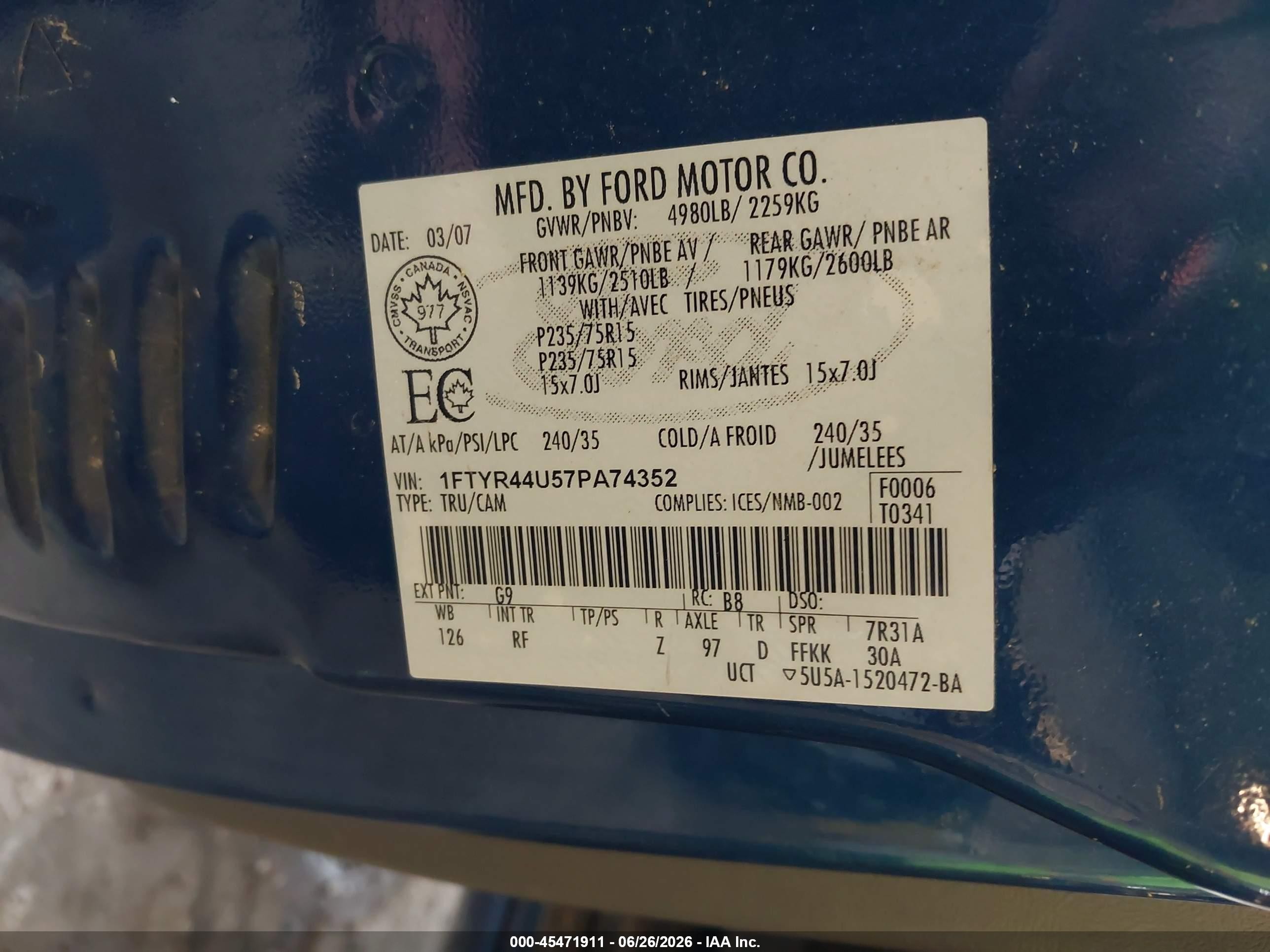 2007 Ford Ranger Sport/stx/xlt Blue vin: 1FTYR44U57PA74352