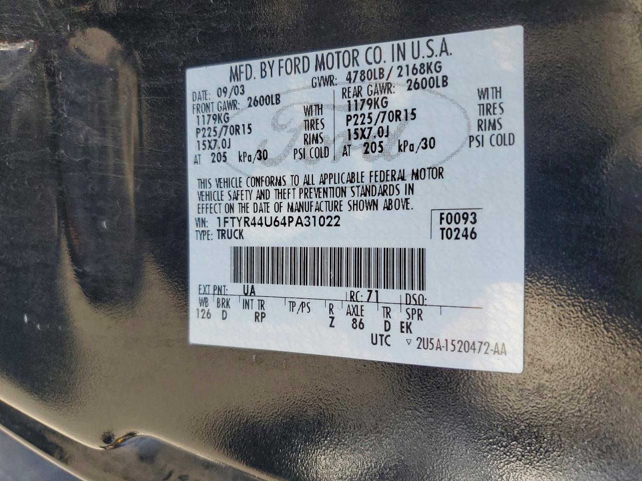 2004 Ford Ranger Super Cab Black vin: 1FTYR44U64PA31022