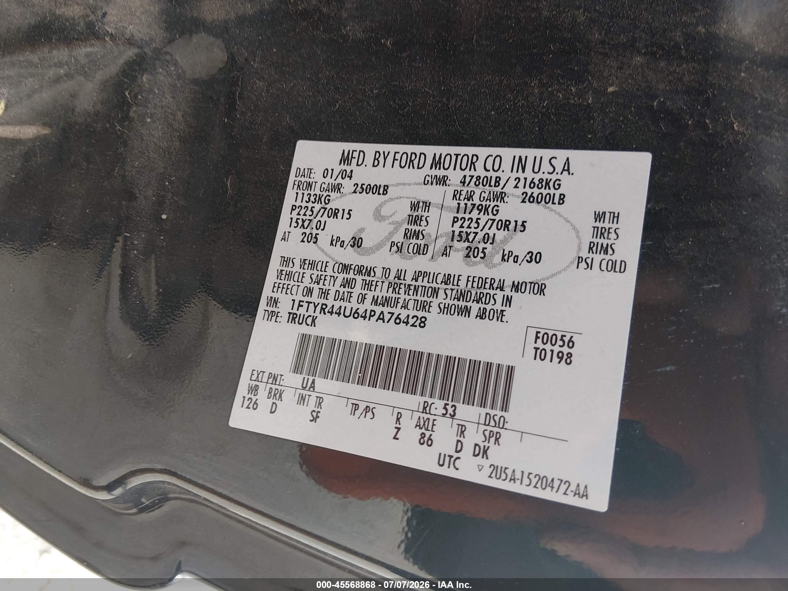 2004 Ford Ranger Edge/tremor/xlt Black vin: 1FTYR44U64PA76428