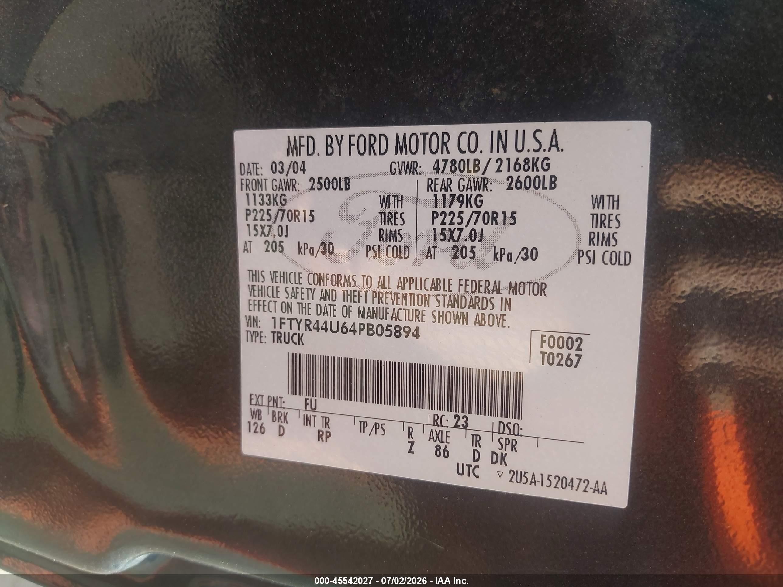 2004 Ford Ranger Edge/tremor/xlt Green vin: 1FTYR44U64PB05894