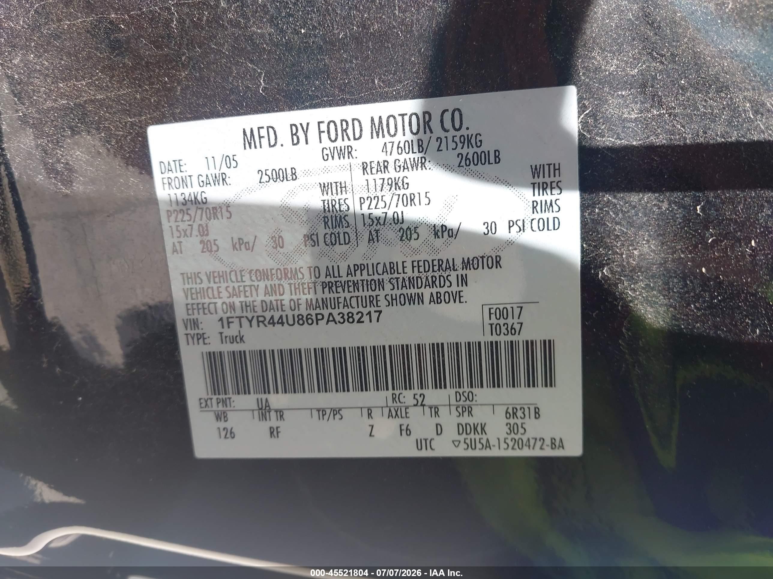 2006 Ford Ranger Sport/stx/xlt Black vin: 1FTYR44U86PA38217