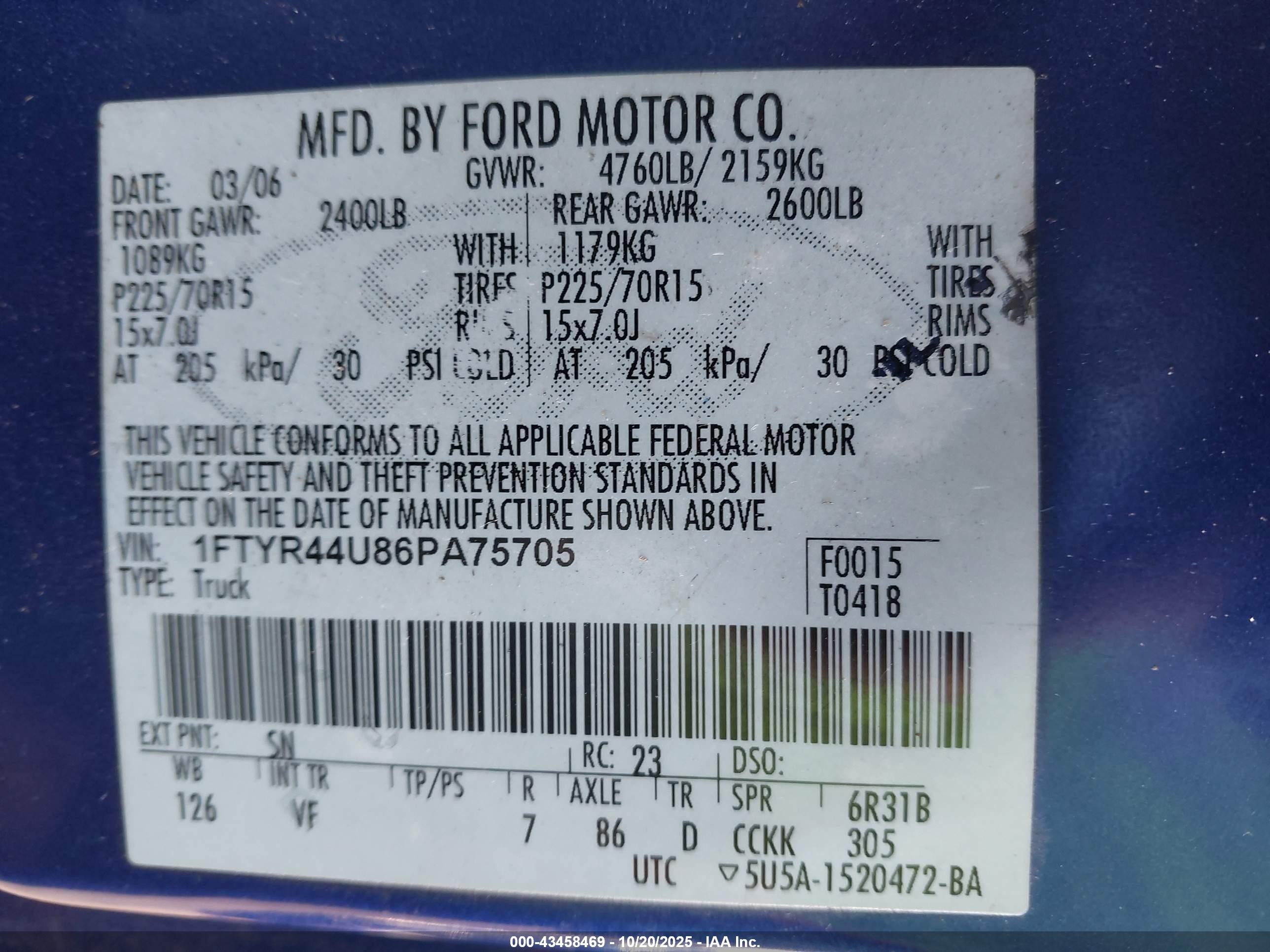 2006 Ford Ranger Sport/stx/xlt Blue vin: 1FTYR44U86PA75705