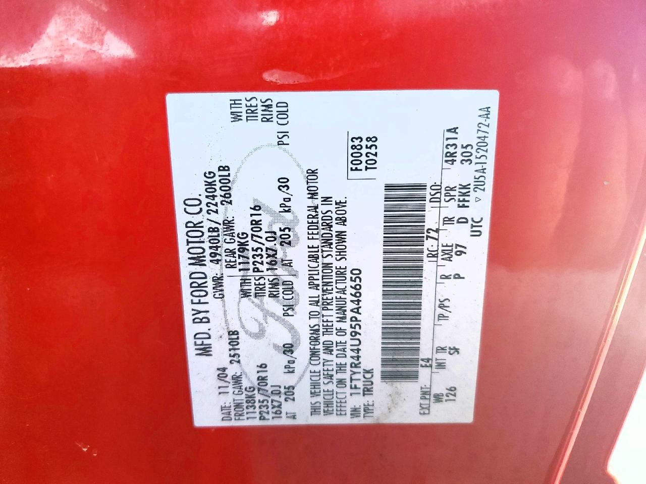 2005 Ford Ranger Super Cab Red vin: 1FTYR44U95PA46650
