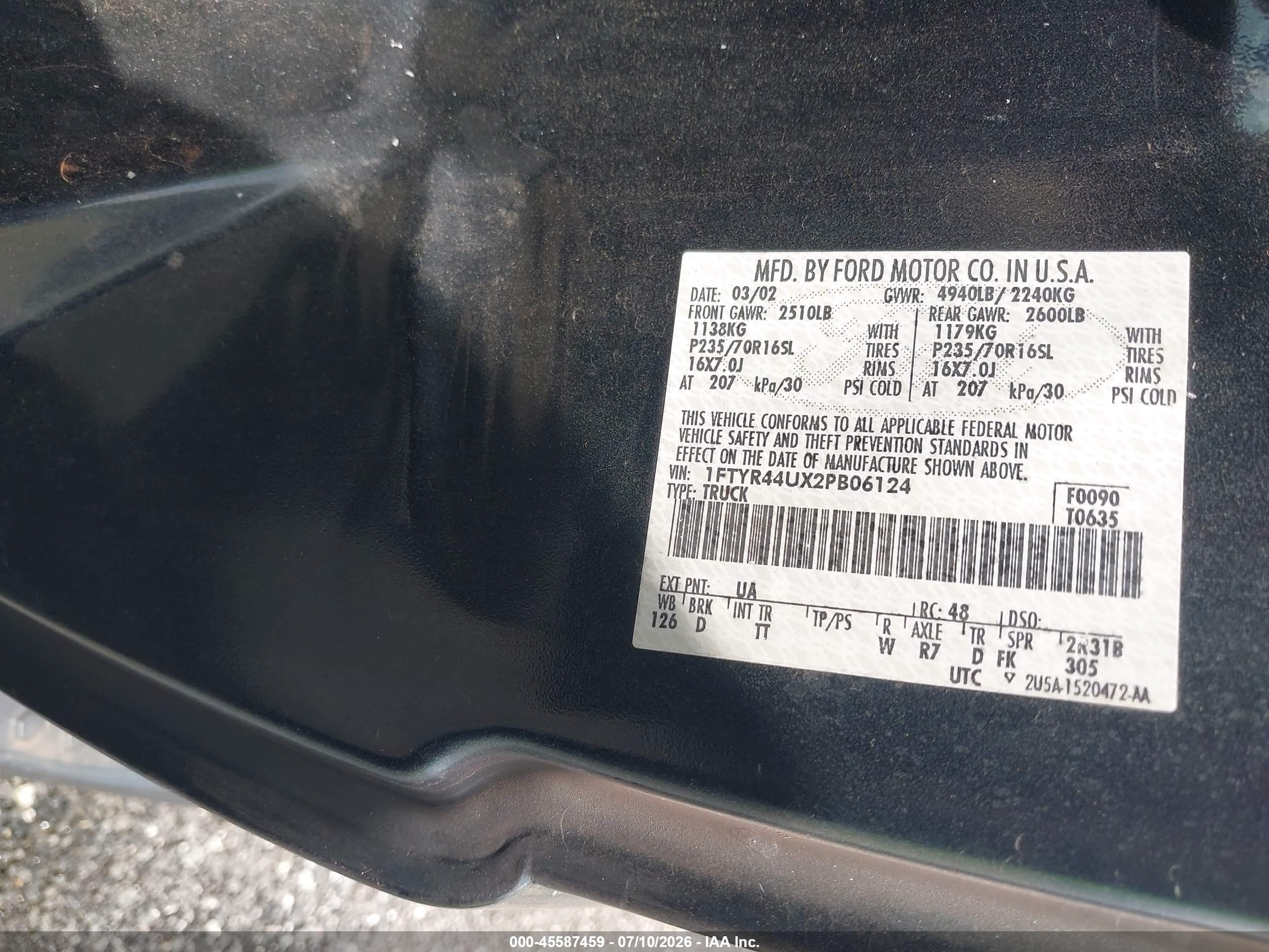 2002 Ford Ranger Edge/tremor/xlt Черный vin: 1FTYR44UX2PB06124