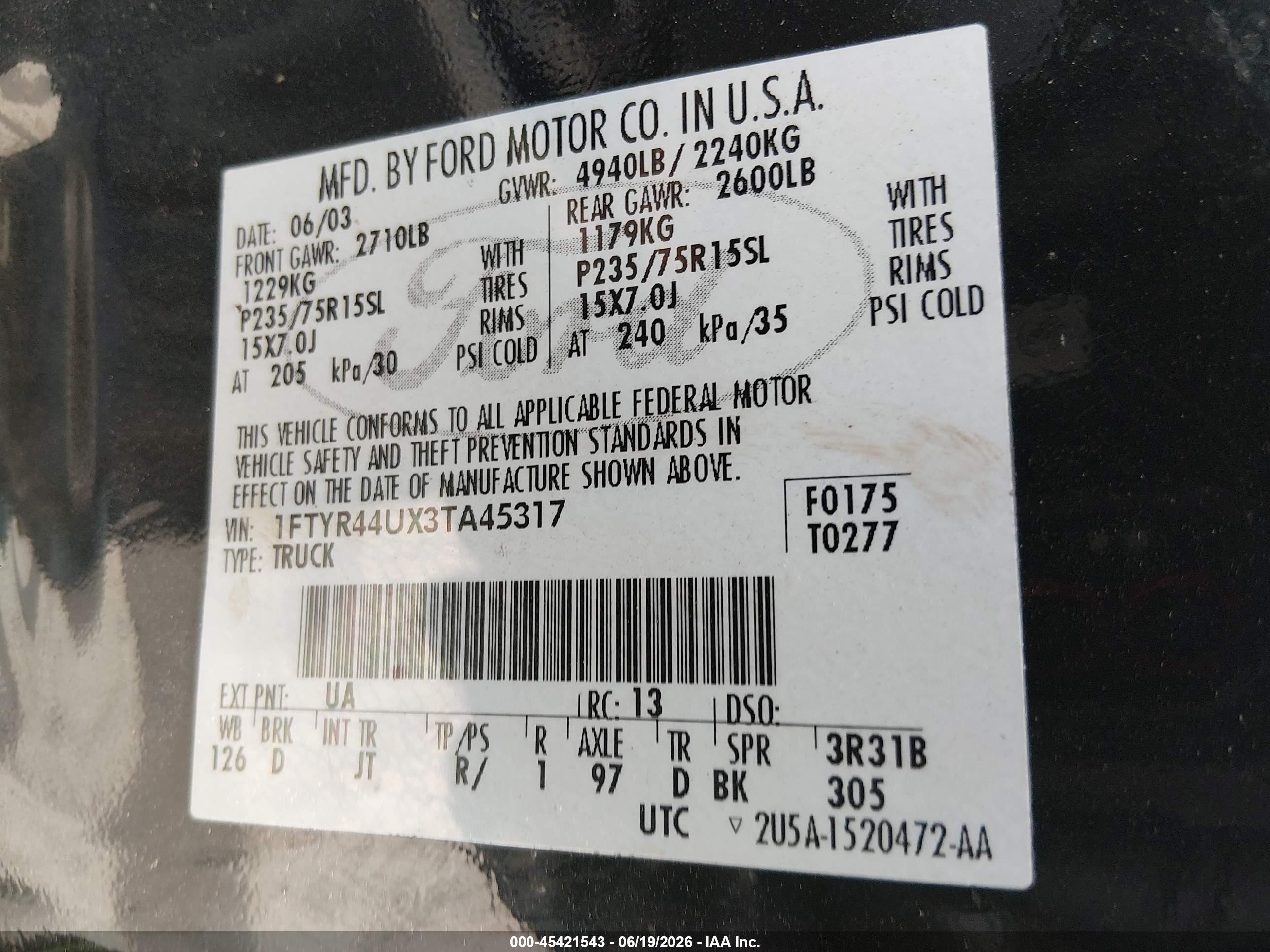 2003 Ford Ranger Edge/tremor/xlt Black vin: 1FTYR44UX3TA45317