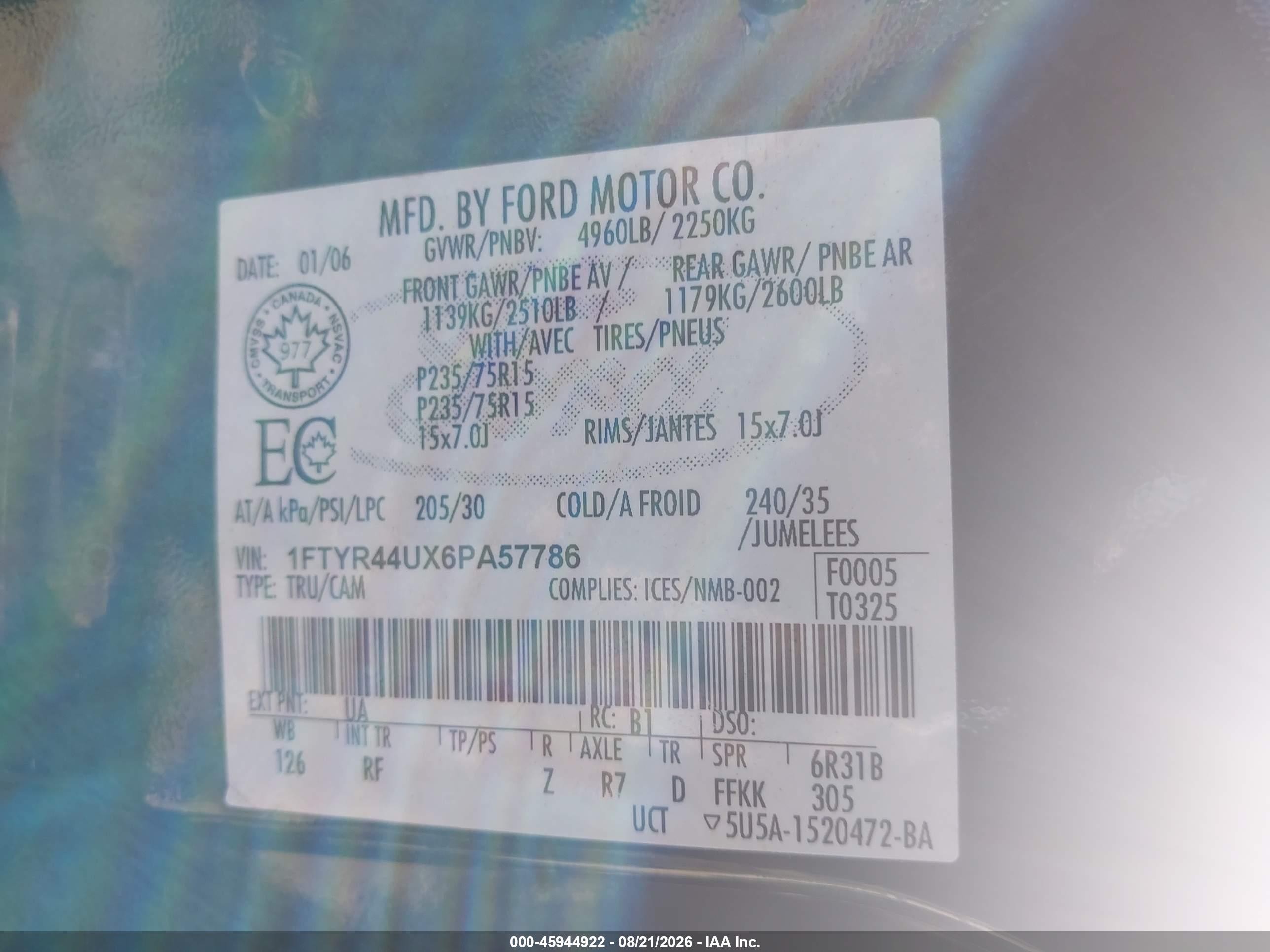 2006 Ford Ranger Sport/stx/xlt Черный vin: 1FTYR44UX6PA57786