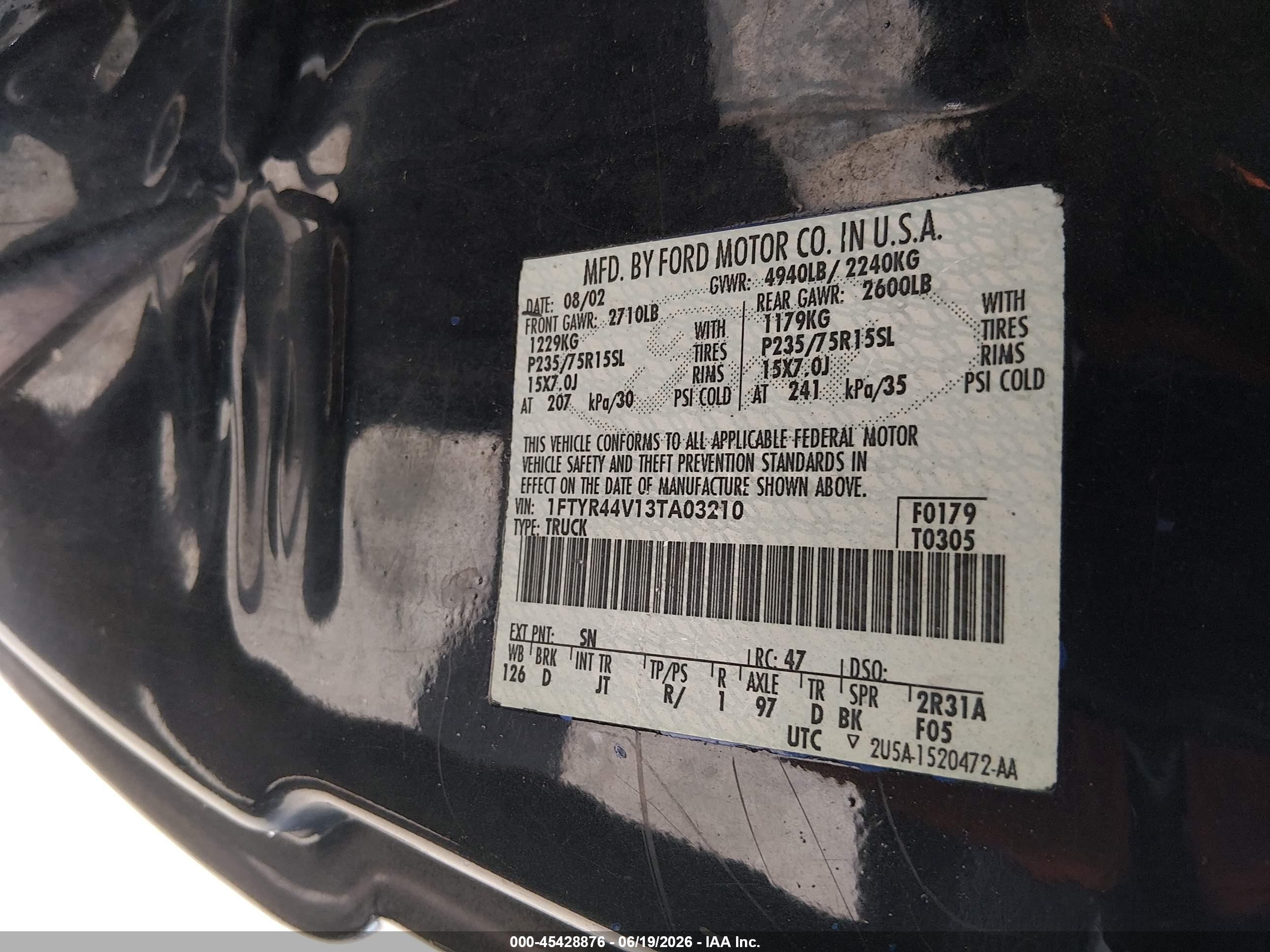 2003 Ford Ranger Edge/tremor/xlt Black vin: 1FTYR44V13TA03210
